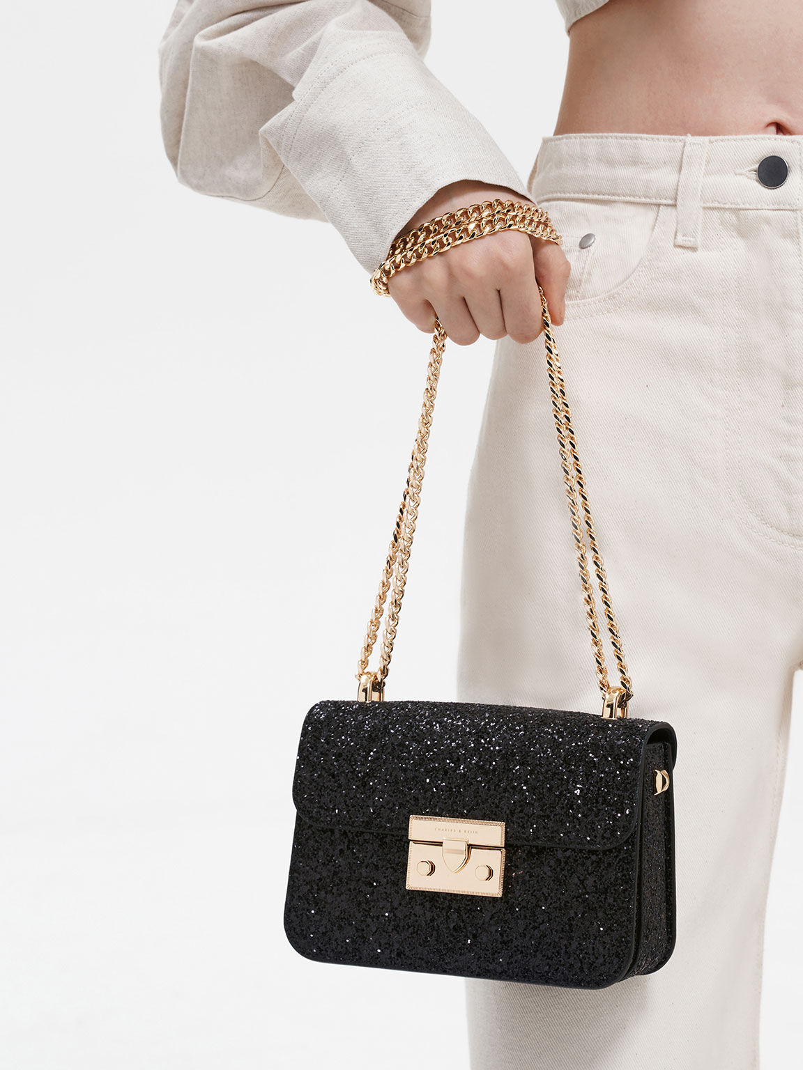 Black Glittered Push Lock Chain Handle Bag Charles And Keith Bg 