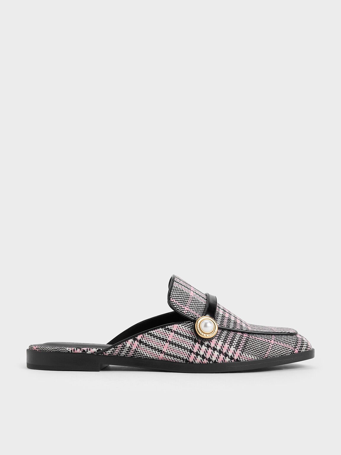 Mules mocassins motif tartan à ornement perle, Rose, hi-res