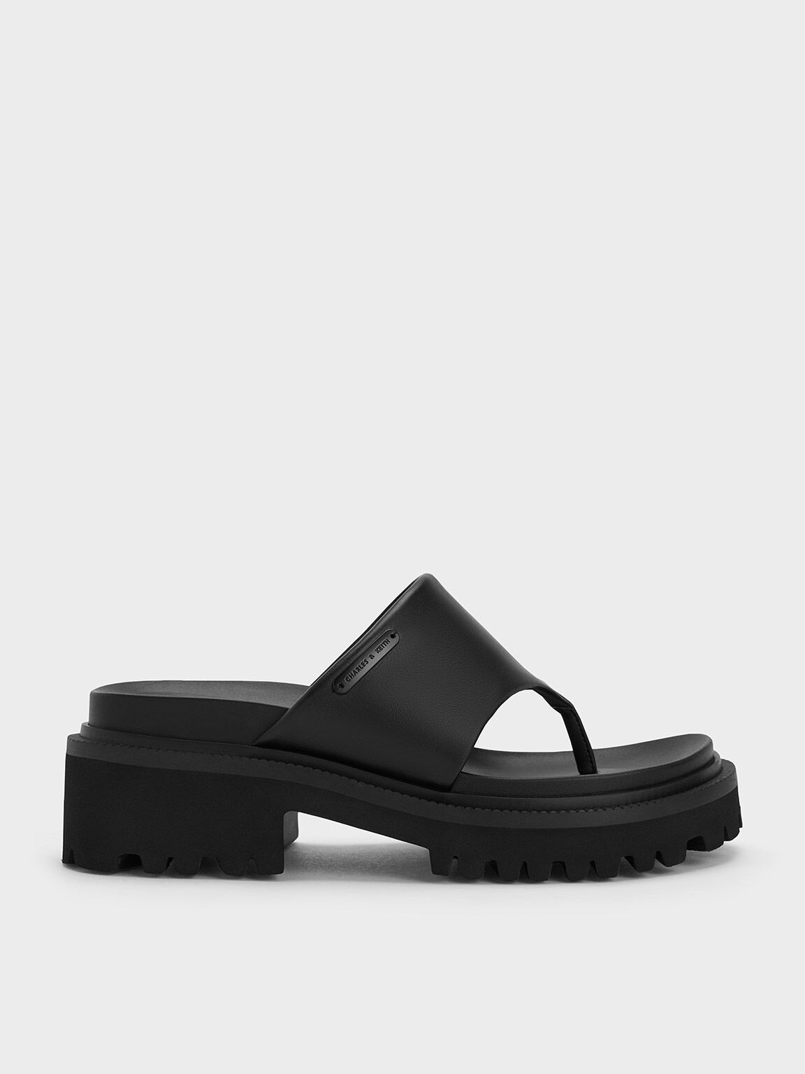 Padded Ridged-Sole Thong Sandals - Black