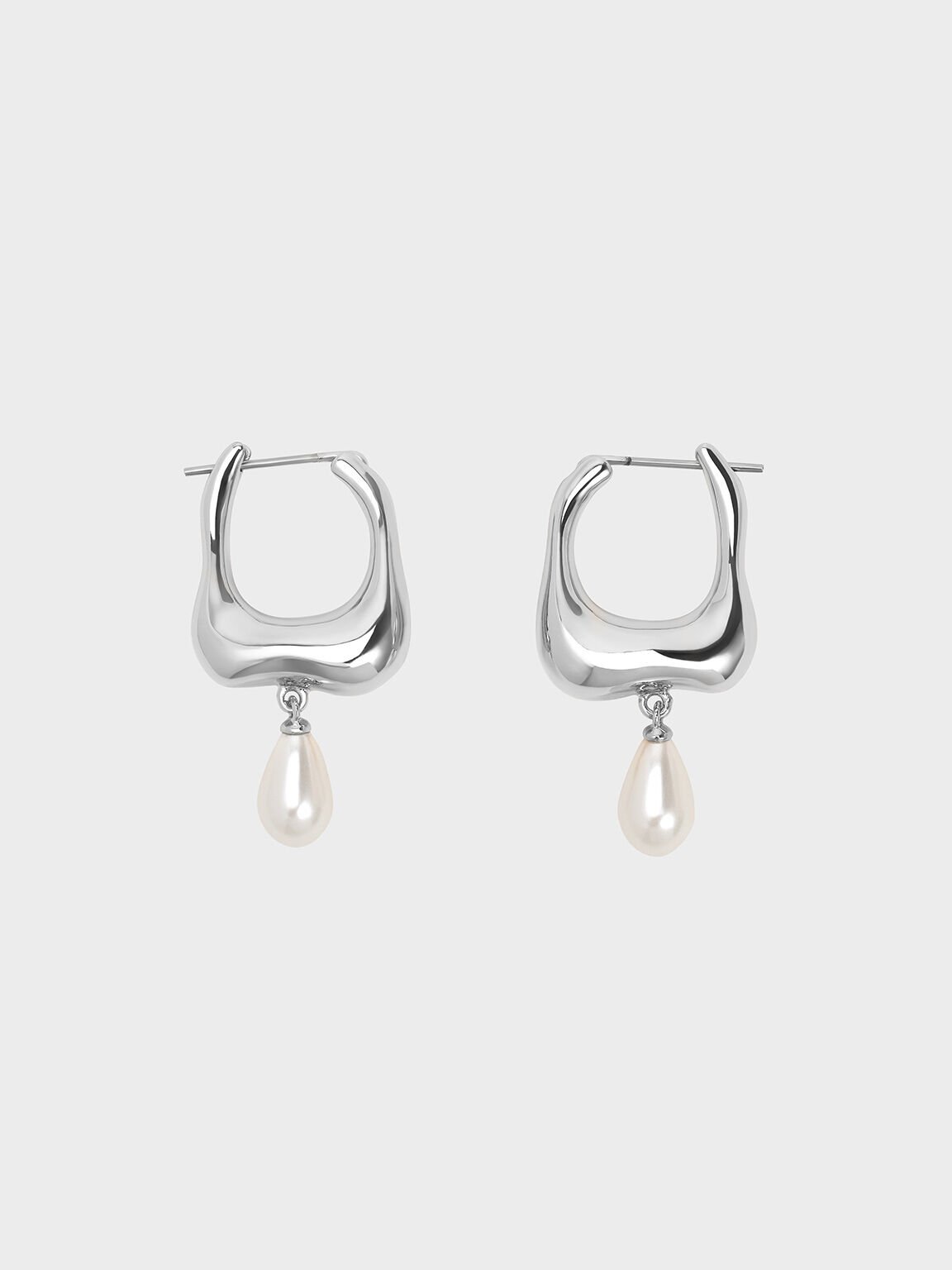 Corrine Teardrop Pearl Hoop Earrings, Silver, hi-res