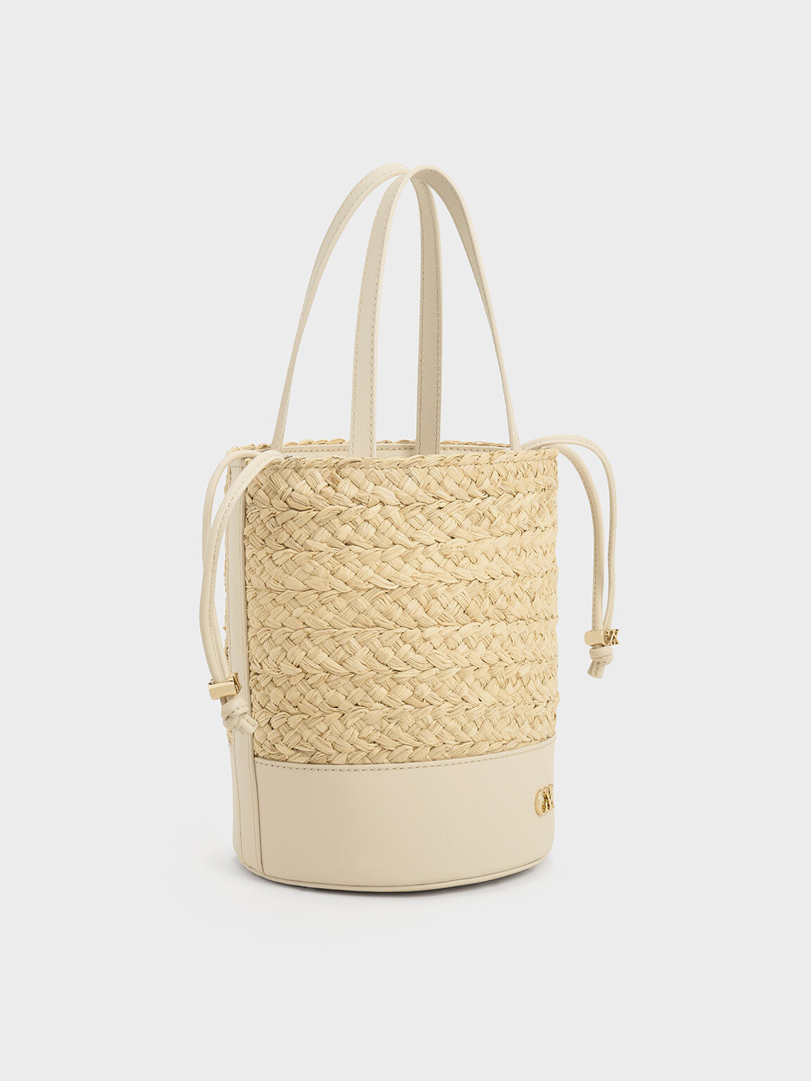 Sac seau en cuir et raphia, Beige, hi-res