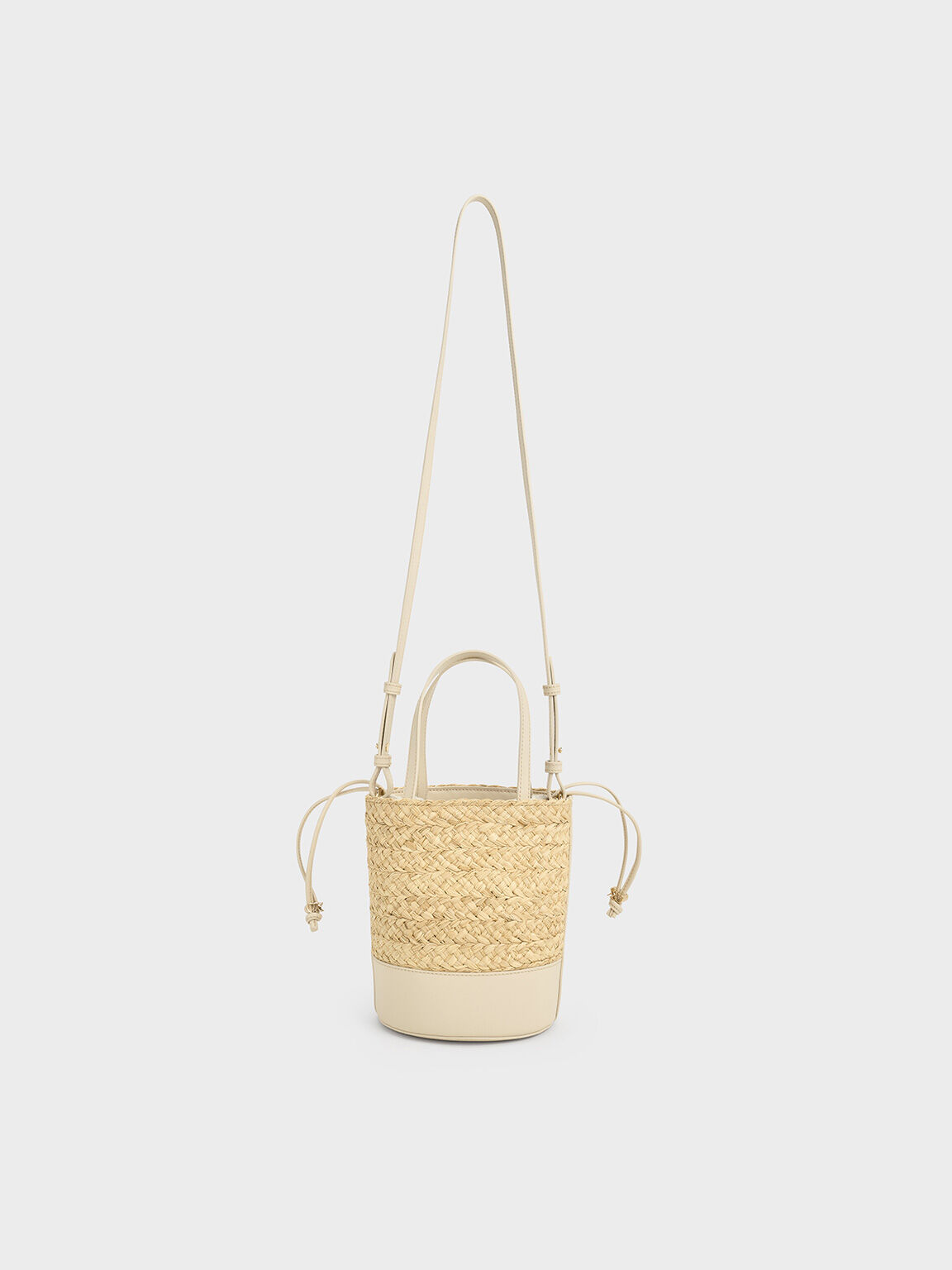 Sac seau en cuir et raphia, Beige, hi-res