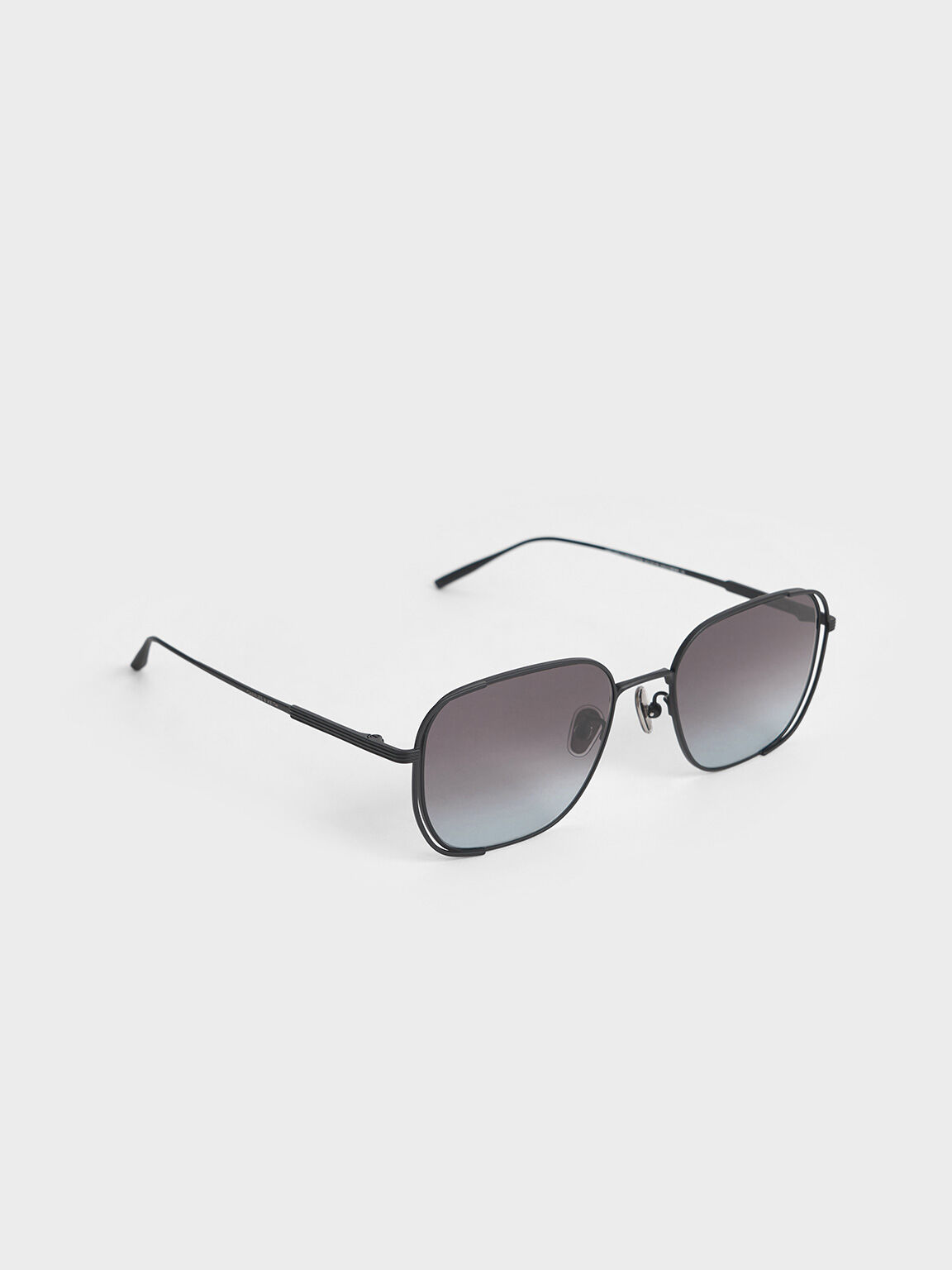 Metallic-Rim Rectangular Sunglasses, Noir, hi-res