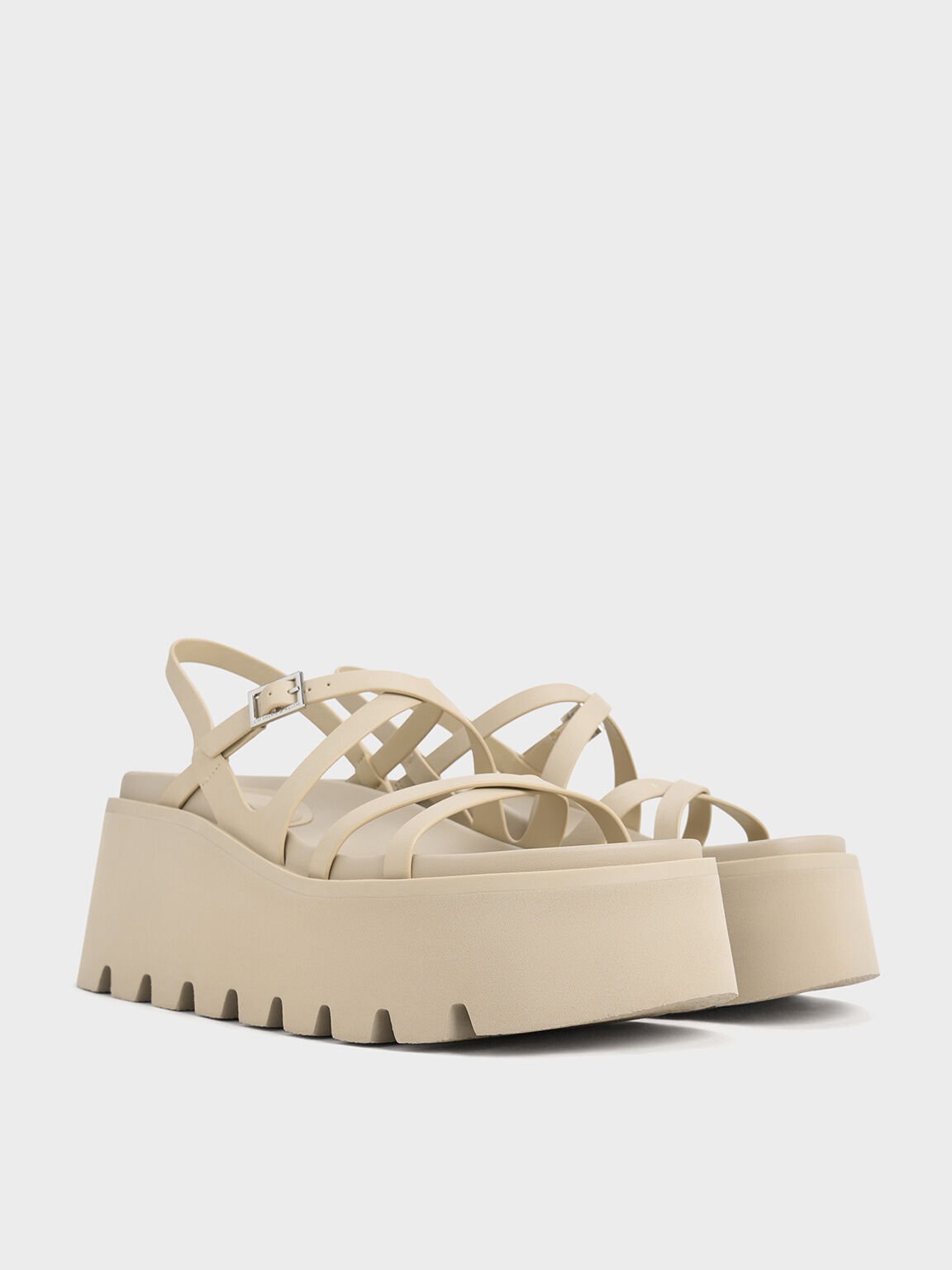 Strappy Crossover Flatform Sandals, Beige, hi-res