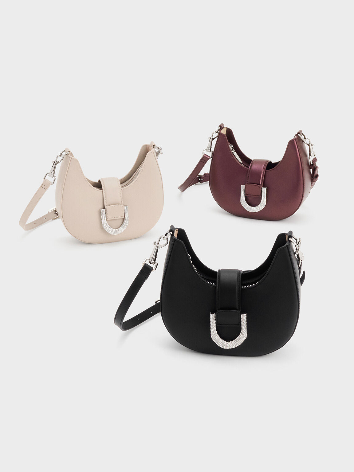 Bolso hobo Gabine de piel con adornos de cristales, Noir, hi-res