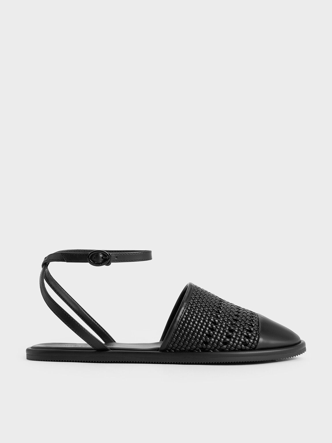 Woven Ankle-Strap Flats, Black, hi-res