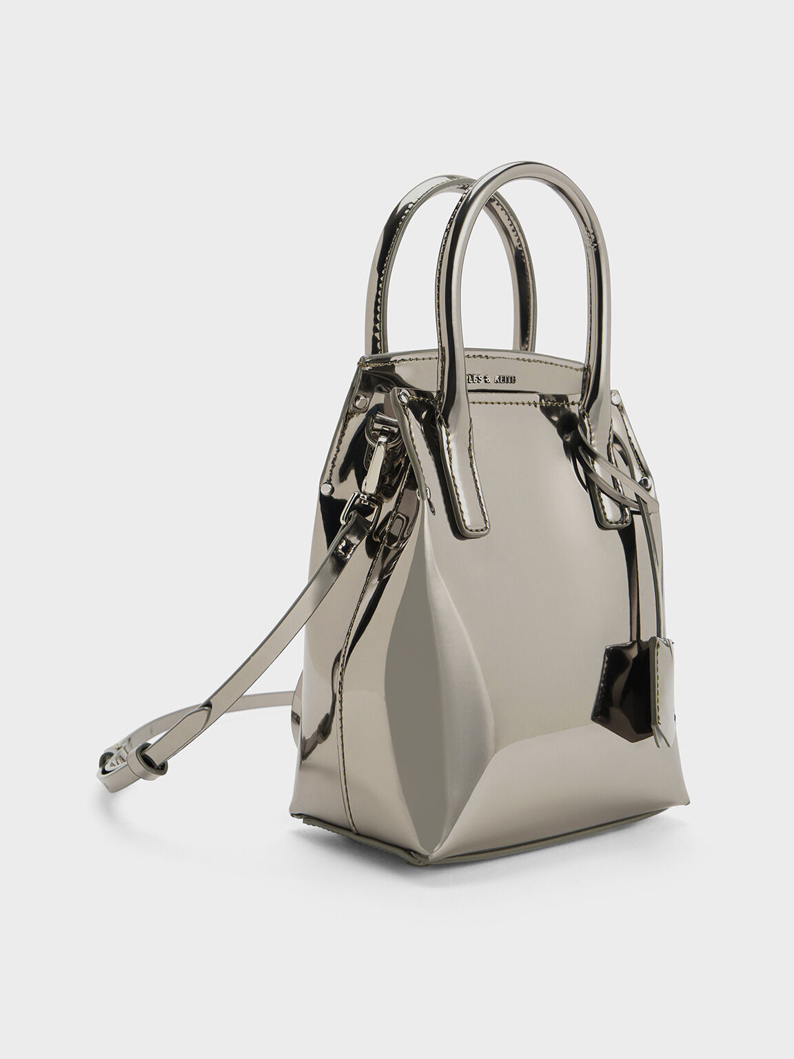 Rene Metallic Elongated Top Handle Bag, Pewter, hi-res