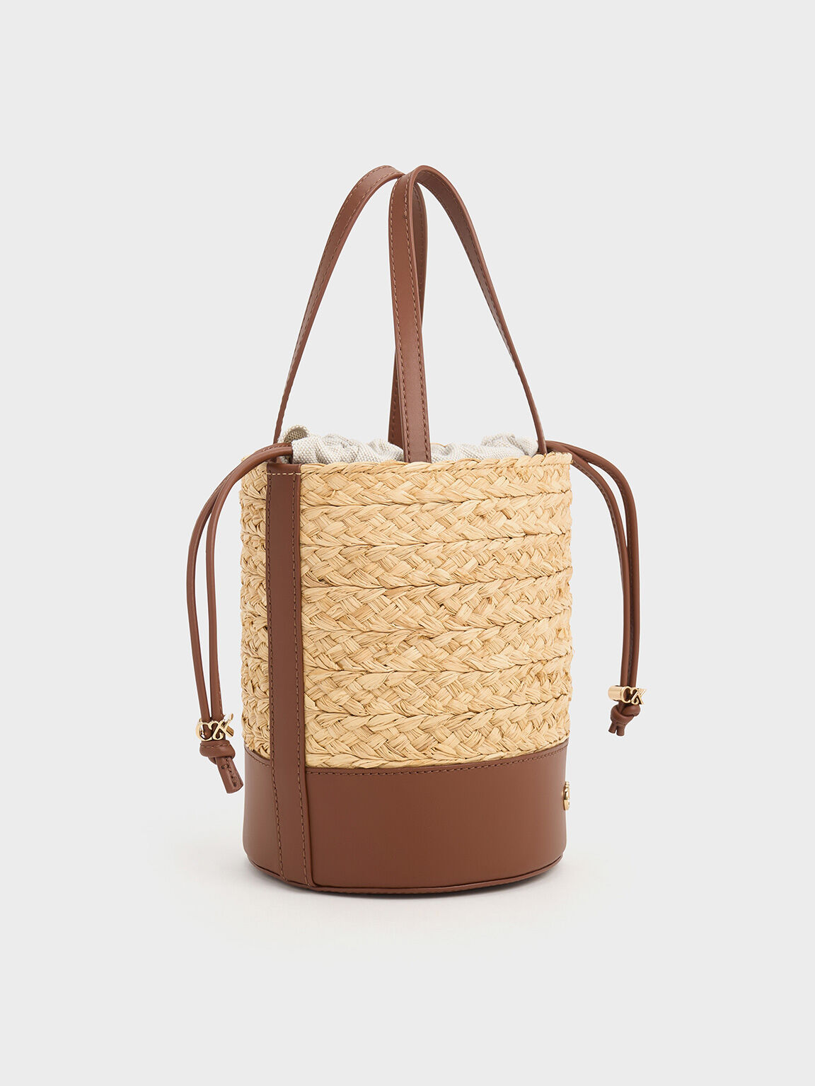 Bolso bombonera de cuero y rafia, Marrón, hi-res