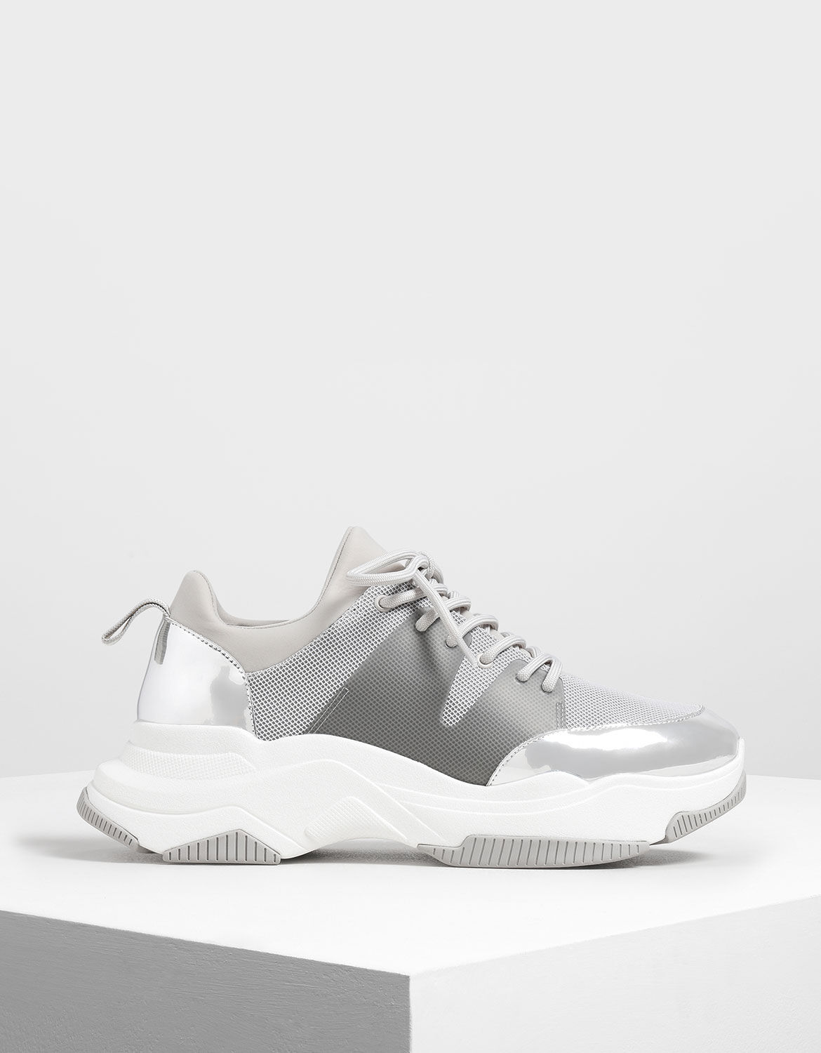 Silver Chunky Mesh Sneakers | CHARLES 
