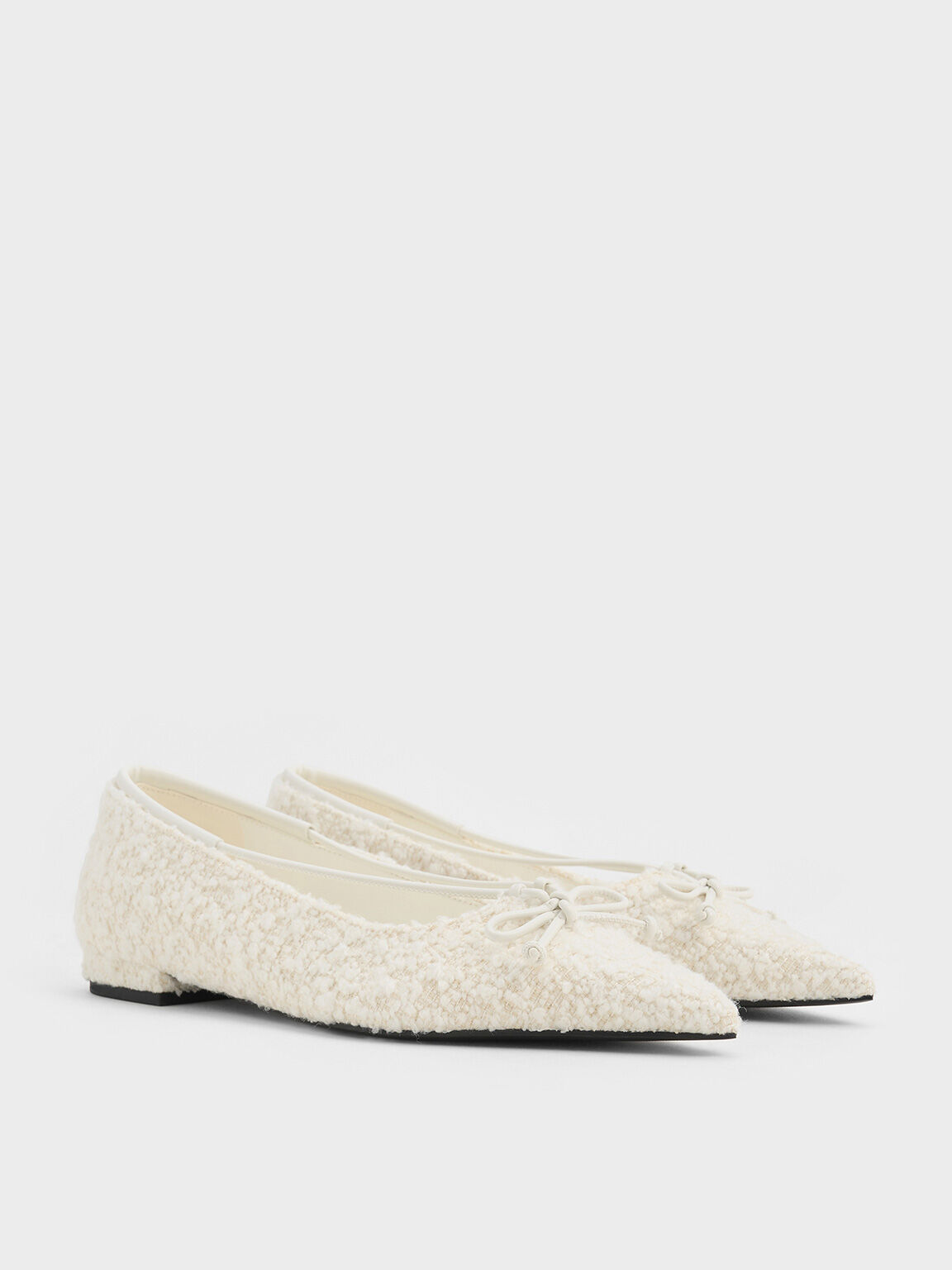 Textured Bow Pointed-Toe Ballet Flats, White, hi-res