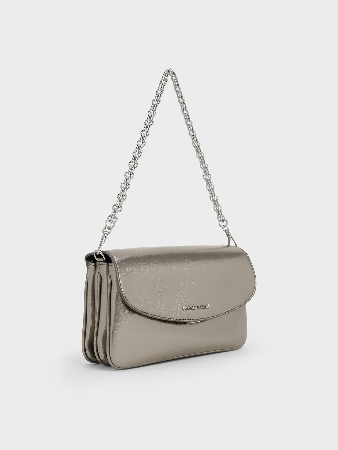 Caia Metallic Front Flap Shoulder Bag, Pewter, hi-res