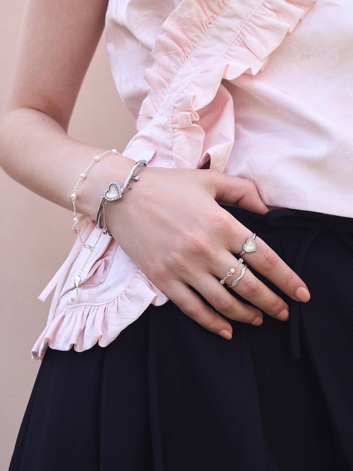 Bague double avec perles et chaîne Corrine, Argent, hi-res