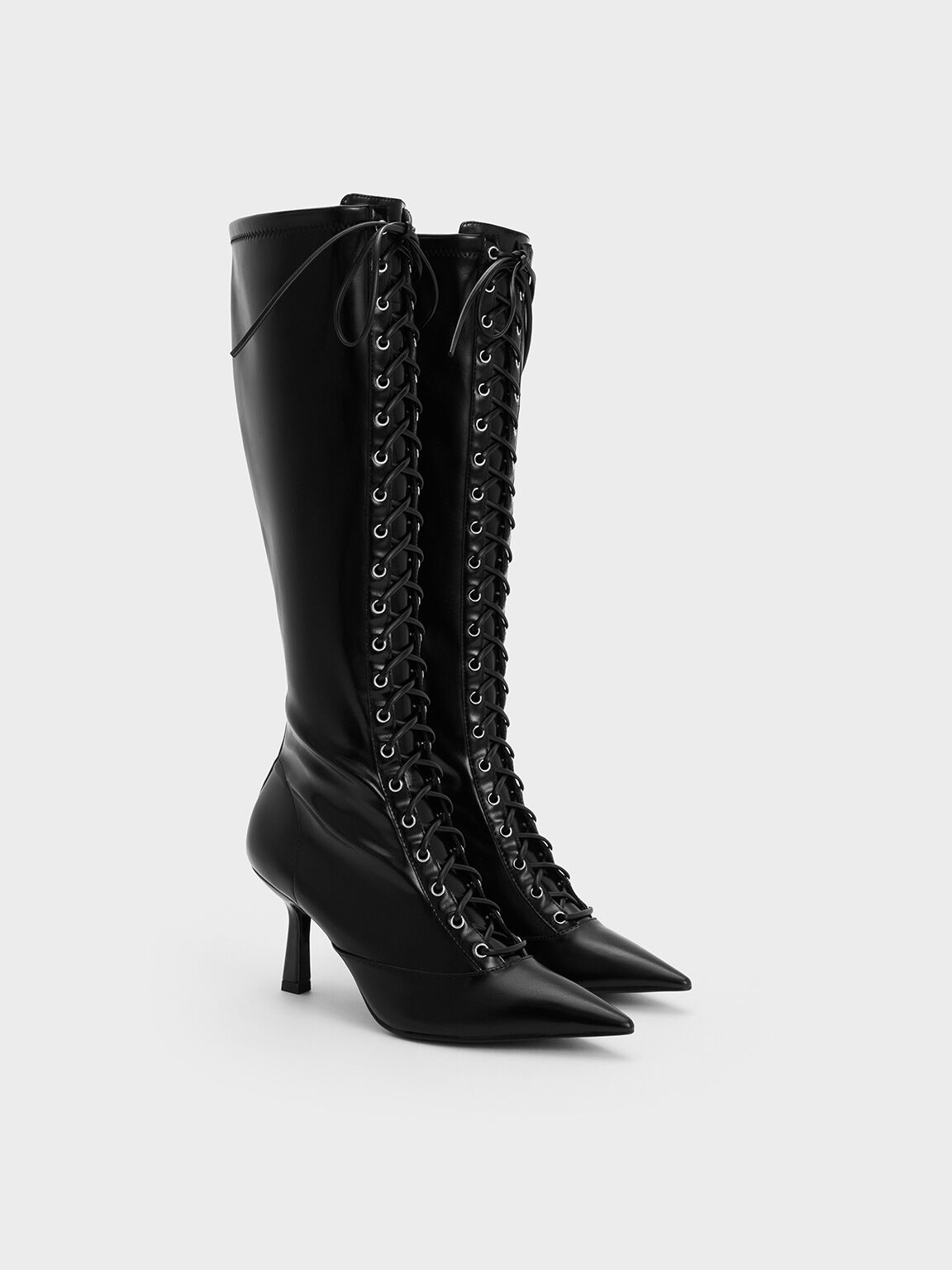 Lace-Up Pointed-Toe Knee-High Boots, Black, hi-res