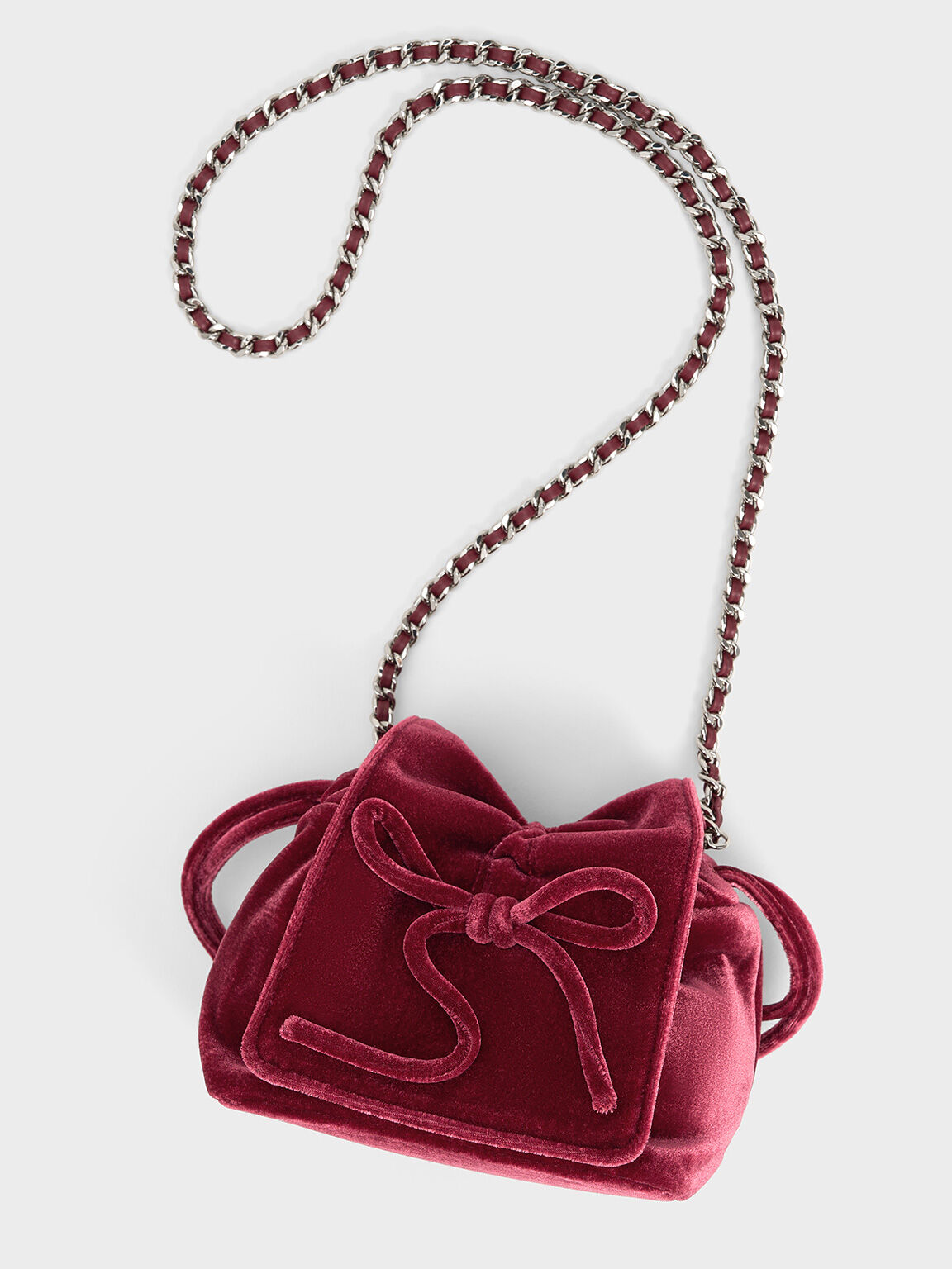 Bolso de terciopelo con asa superior arrugada y lazo, Rosa, hi-res