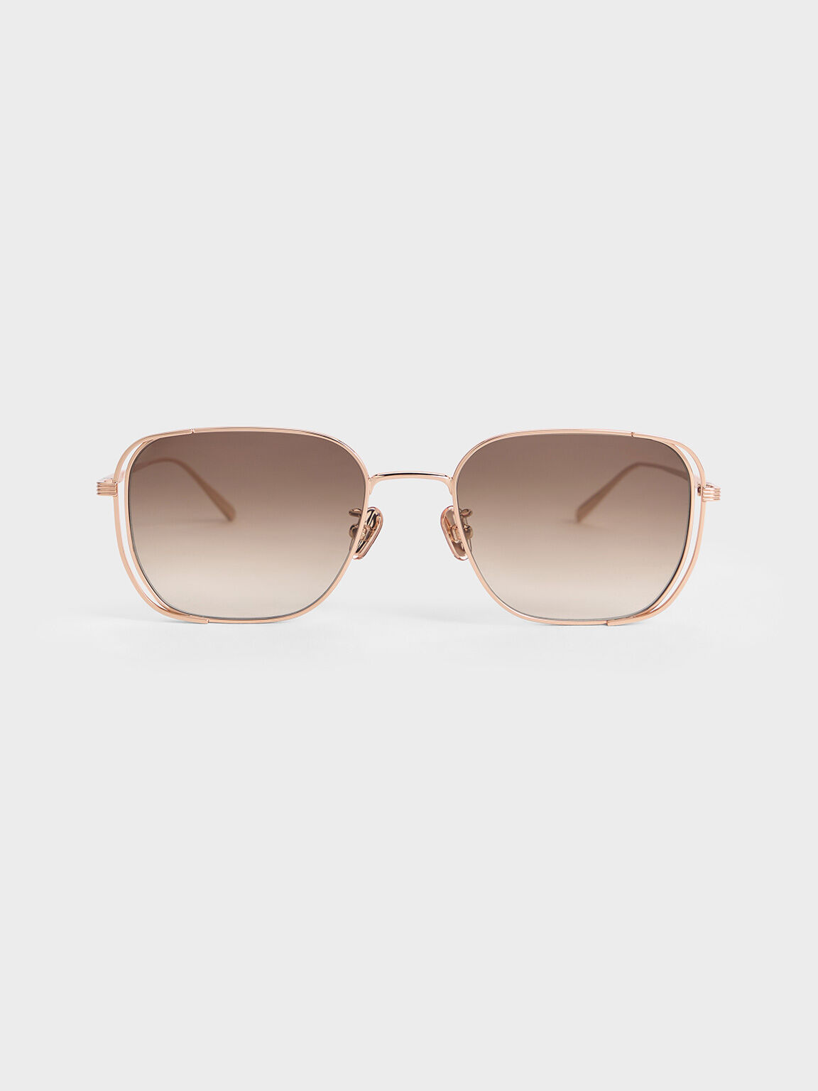 Metallic-Rim Rectangular Sunglasses, Rose Gold, hi-res