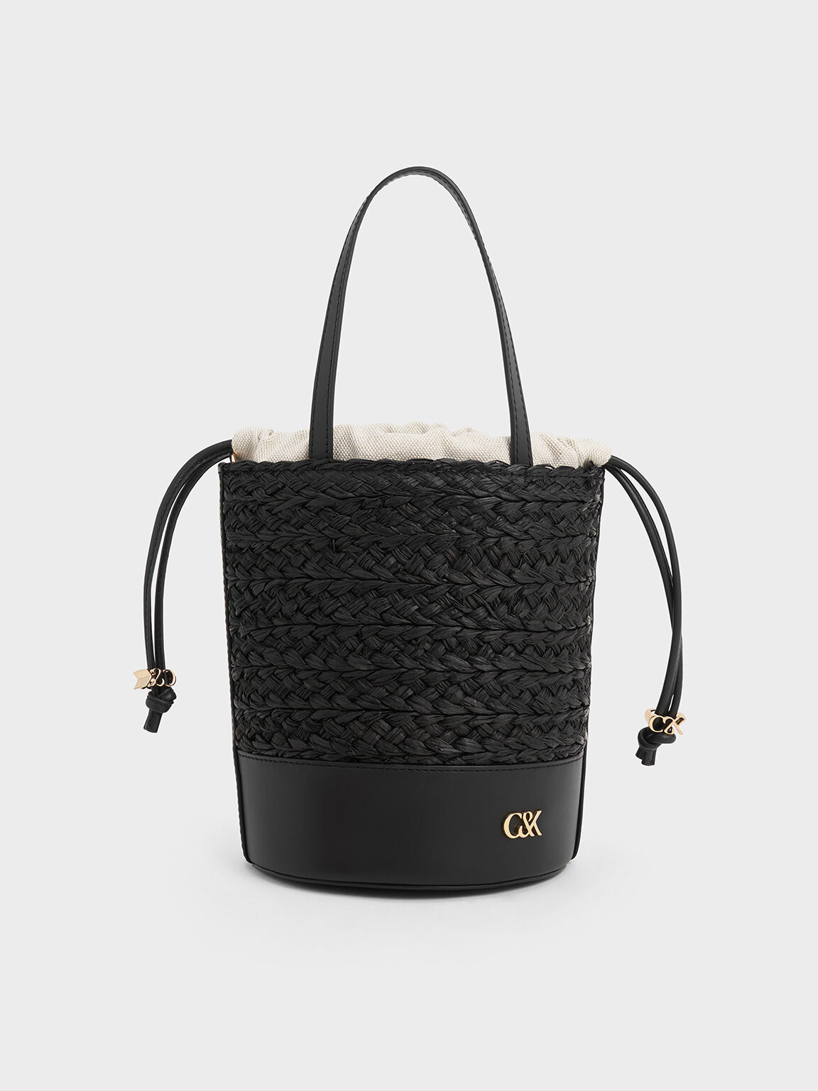 Sac seau en cuir et raphia, Noir, hi-res