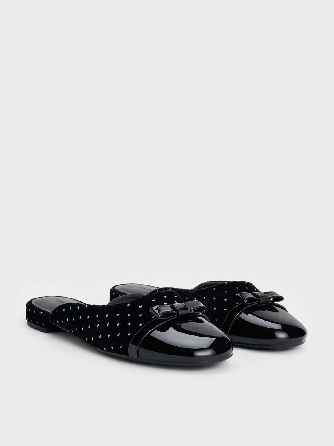 Bow Dotted Cap-Toe Mules, Black Textured, hi-res