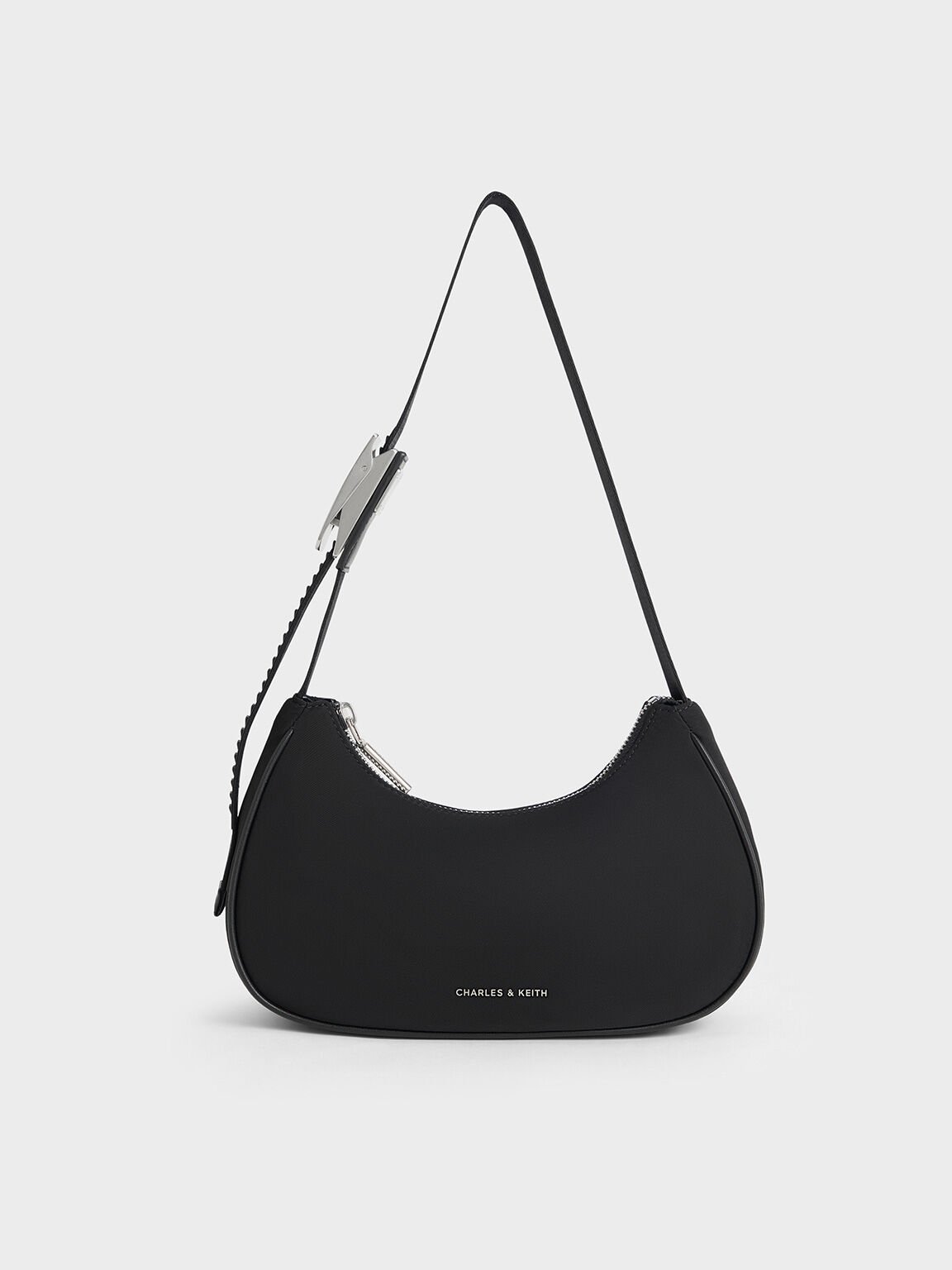 Bolso curvo de nylon con acento metálico, Noir, hi-res