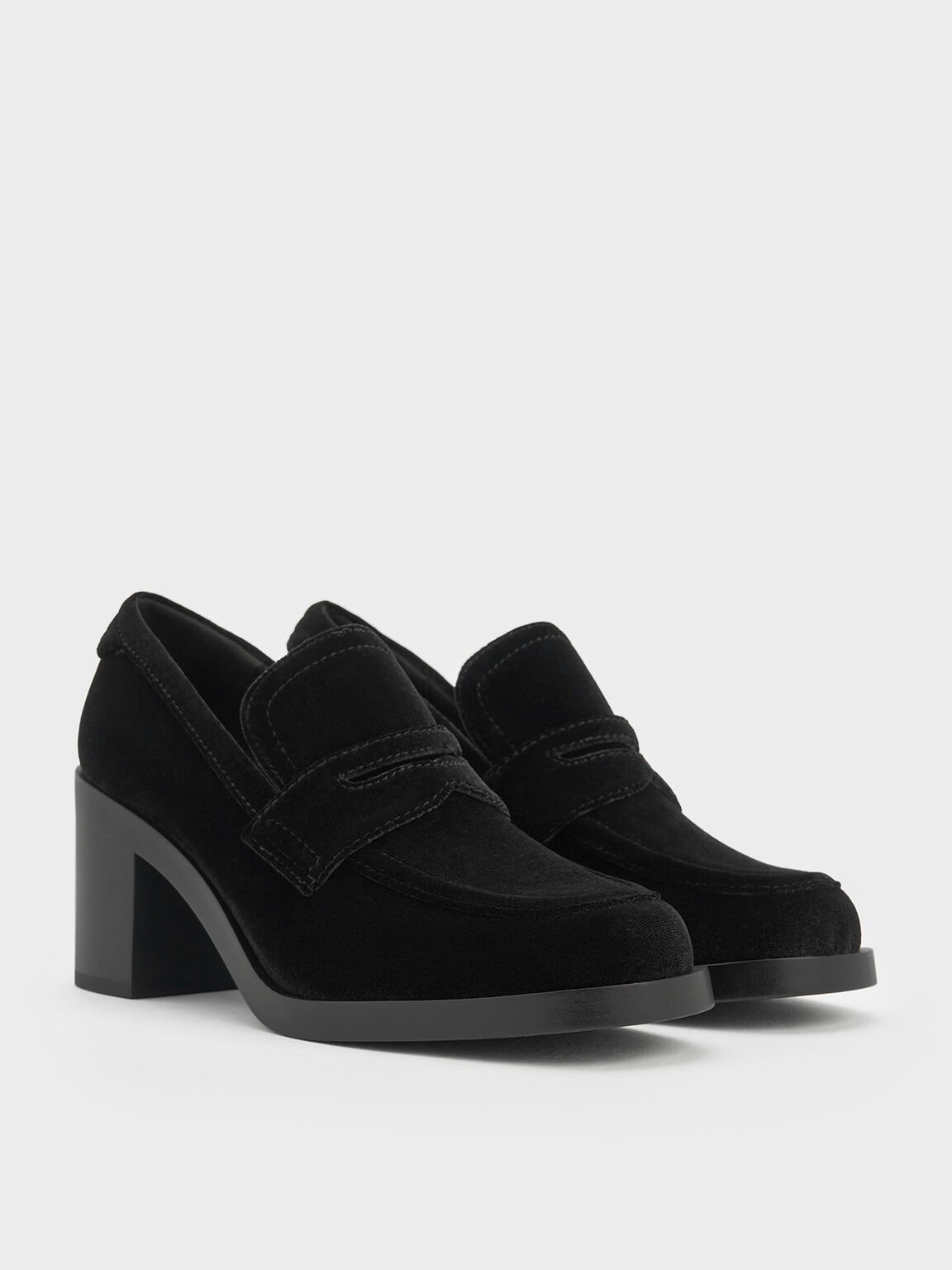 Penny Loafer Block-Heel Pumps, Black Textured, hi-res