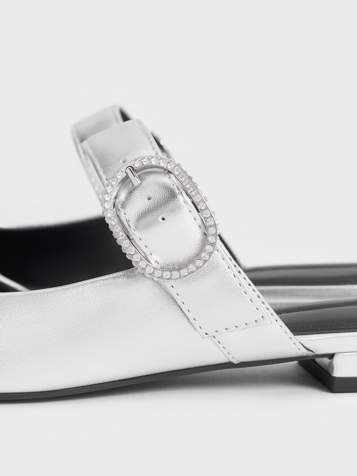 Metallic Crystal-Buckle Pointed-Toe Mules, Silver, hi-res