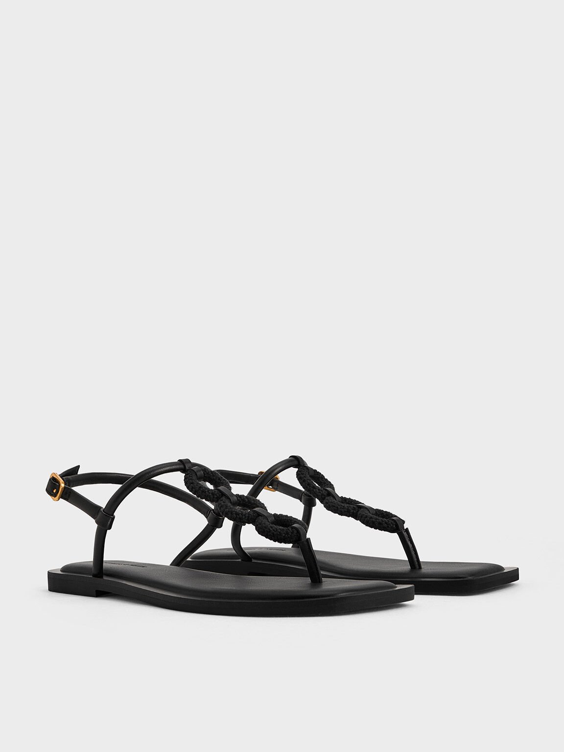 Raffia Ring Thong Sandals, Black, hi-res