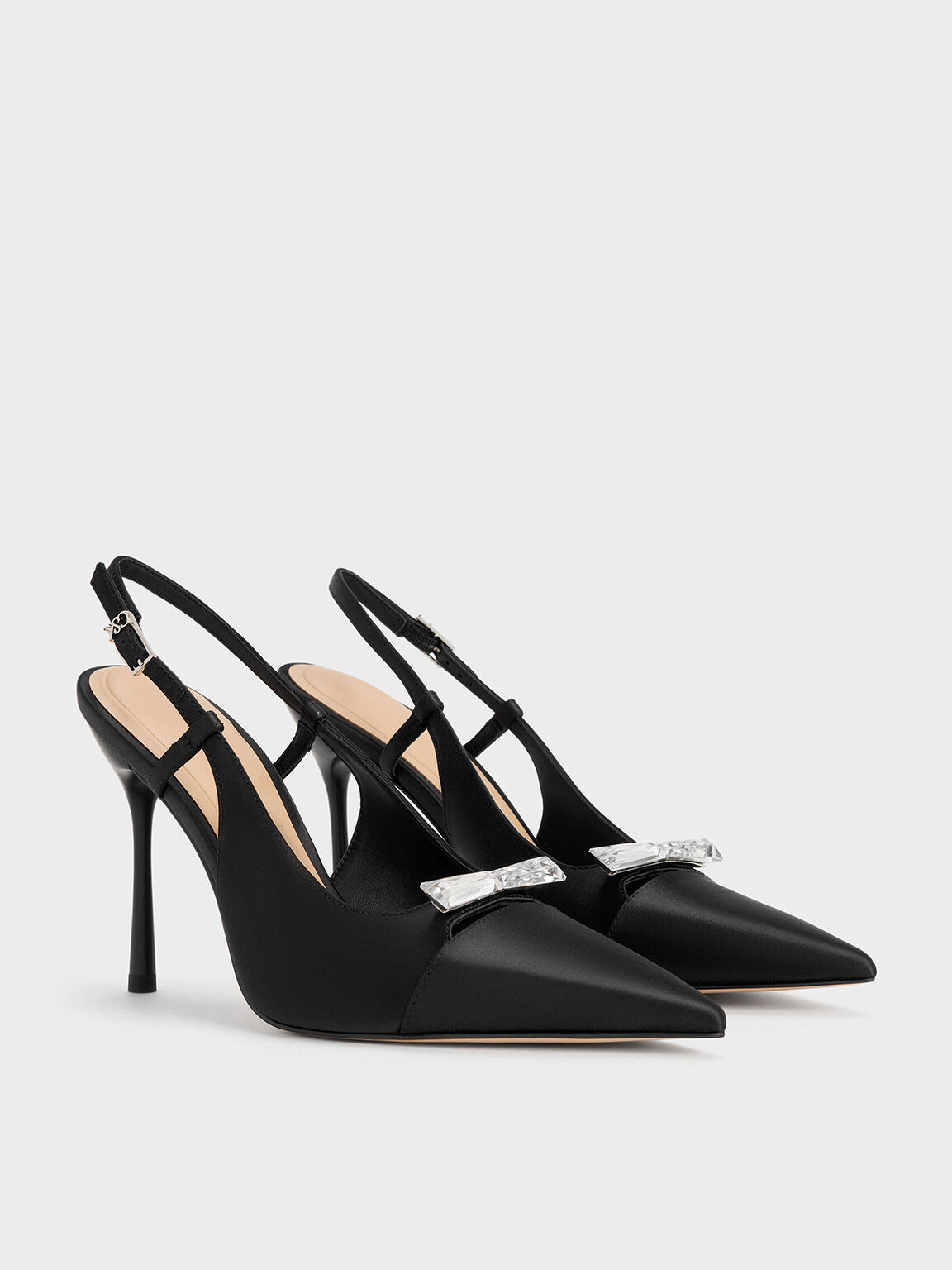 Recycled Polyester Bow Slingback Pumps, Black Textured, hi-res