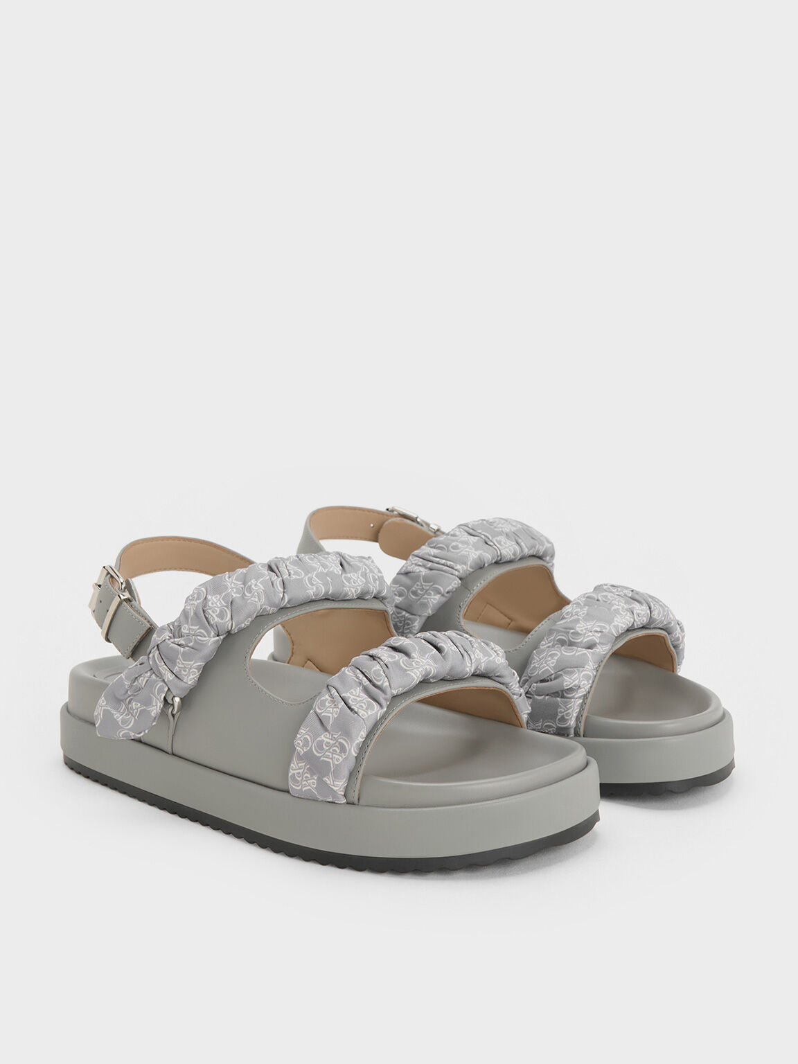 Tully Leather Ruched-Strap Sandals, Grey, hi-res