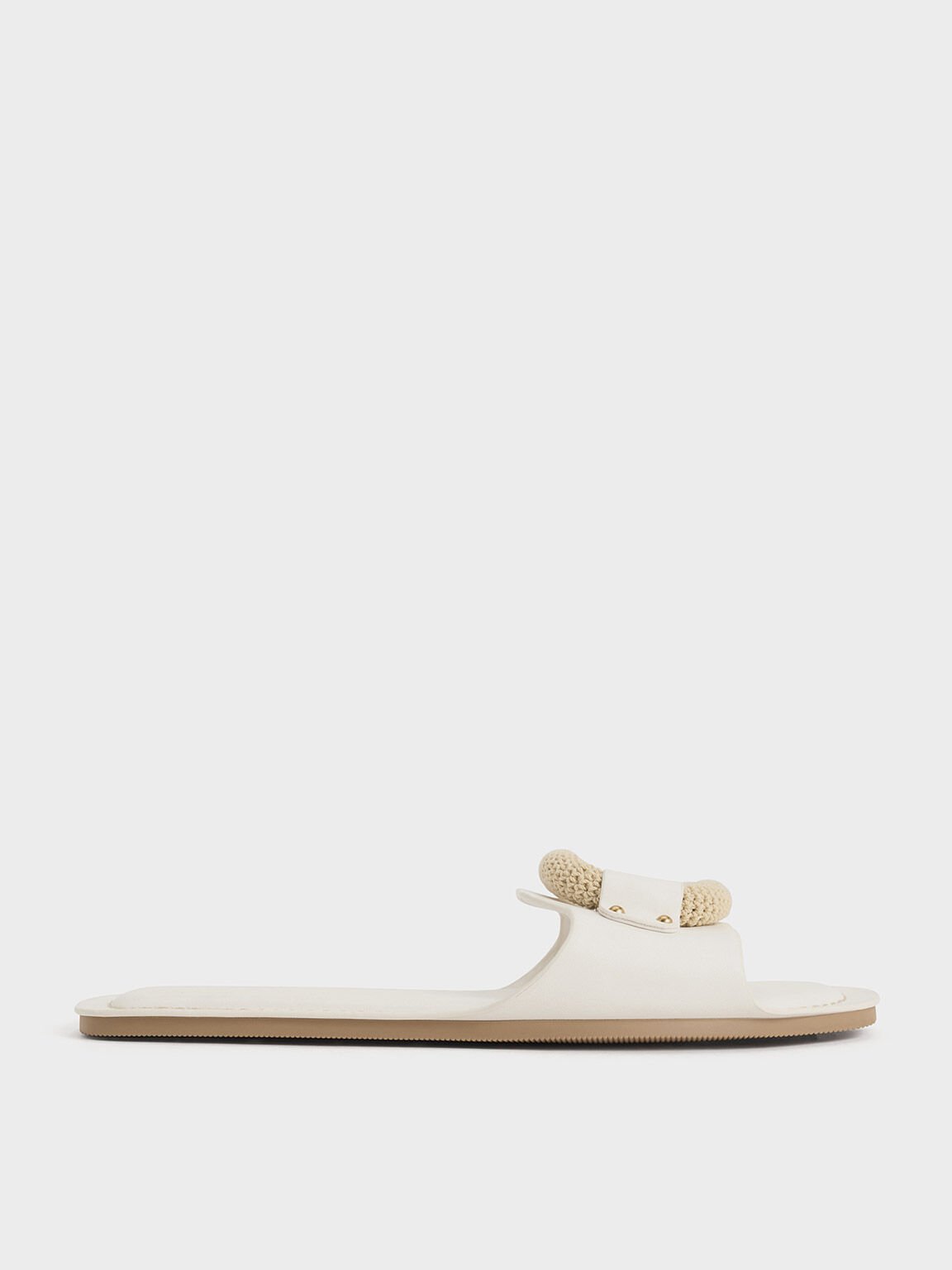 Raffia Ring Slide Sandals, White, hi-res