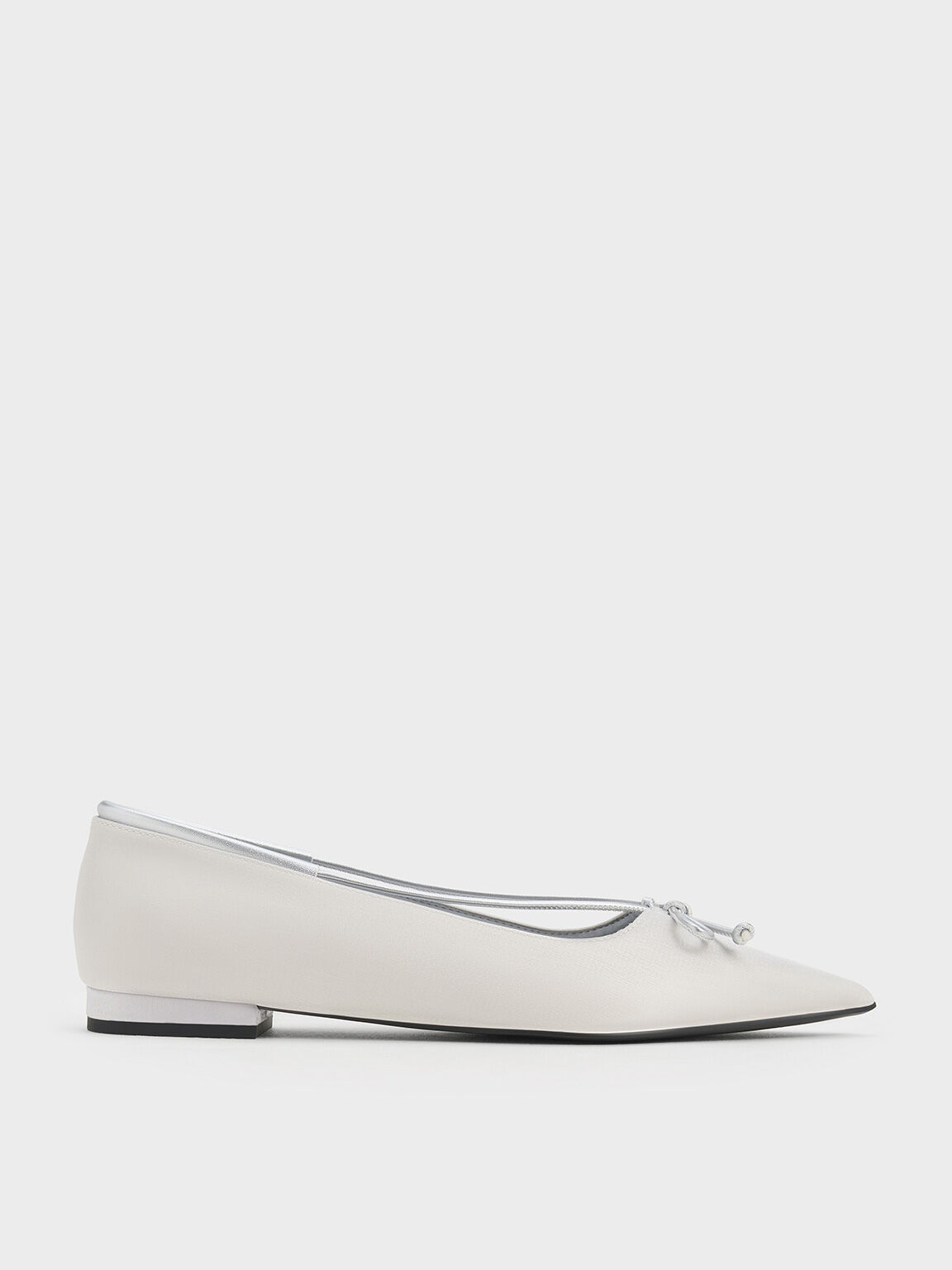 Metallic Bow Pointed-Toe Ballet Flats, Silver, hi-res