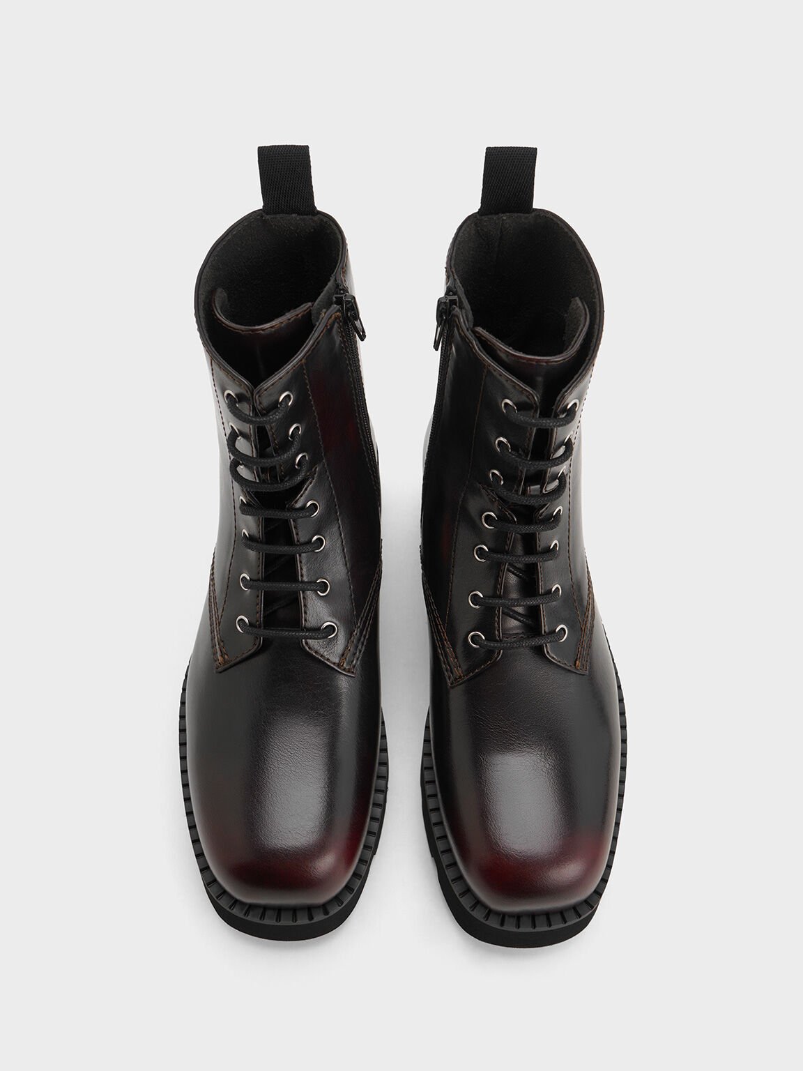 Ridged-Sole Lace-Up Combat Boots, Burgundy, hi-res