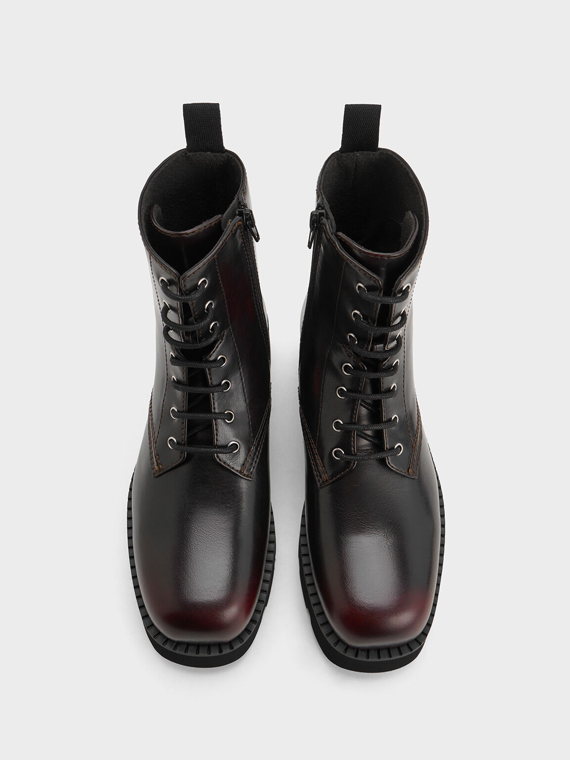 Ridged-Sole Lace-Up Combat Boots, Burgundy, hi-res