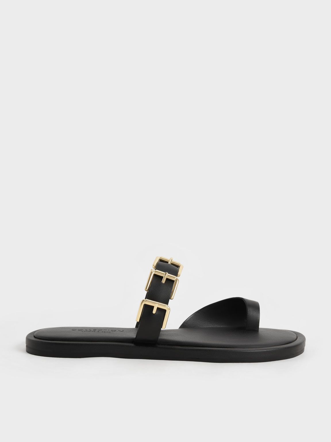 Black Buckled Leather Toe-Ring Sandals - CHARLES & KEITH MT