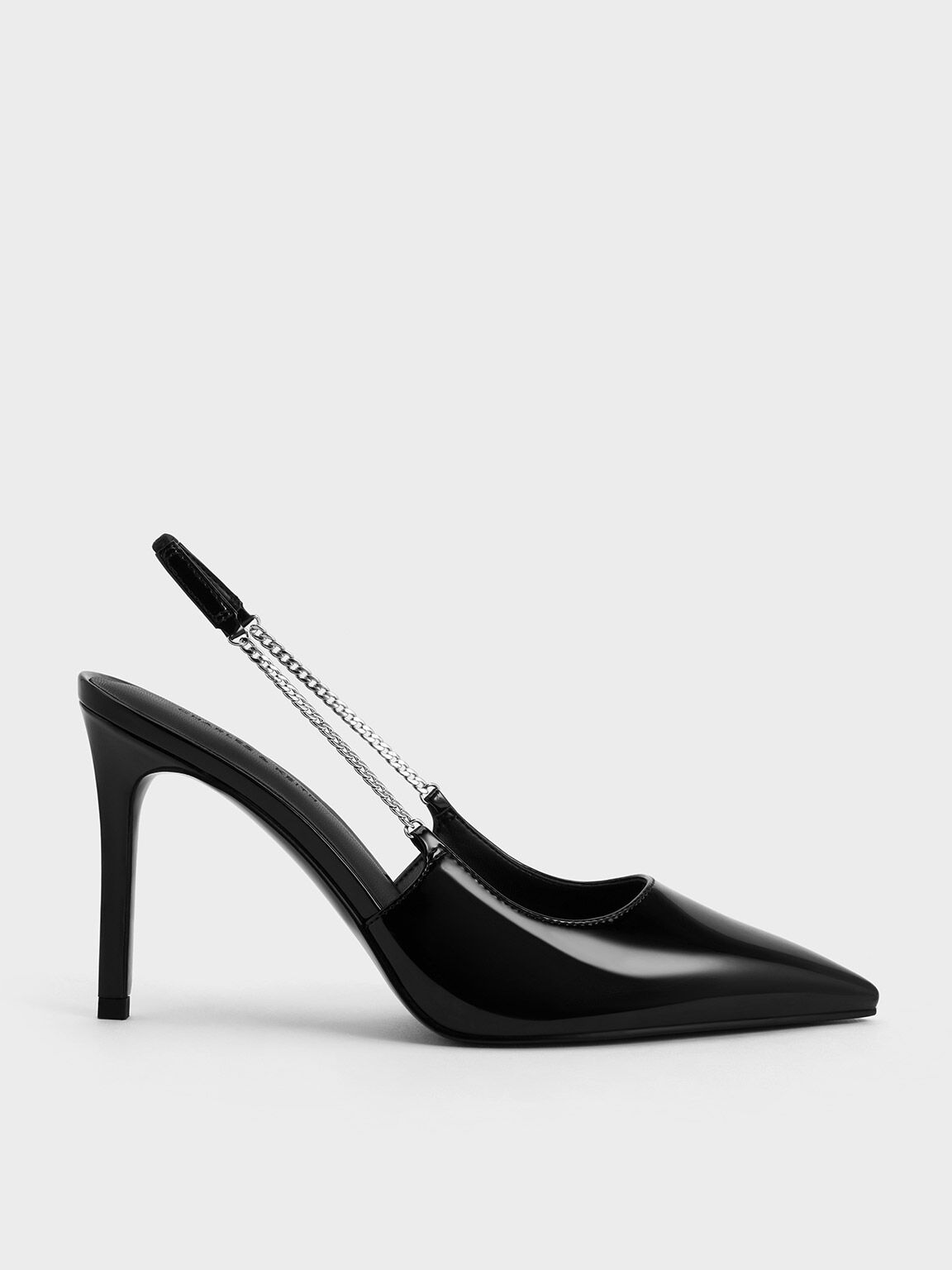 Black Patent Chain-Link Pointed-Toe Slingback Pumps - CHARLES 