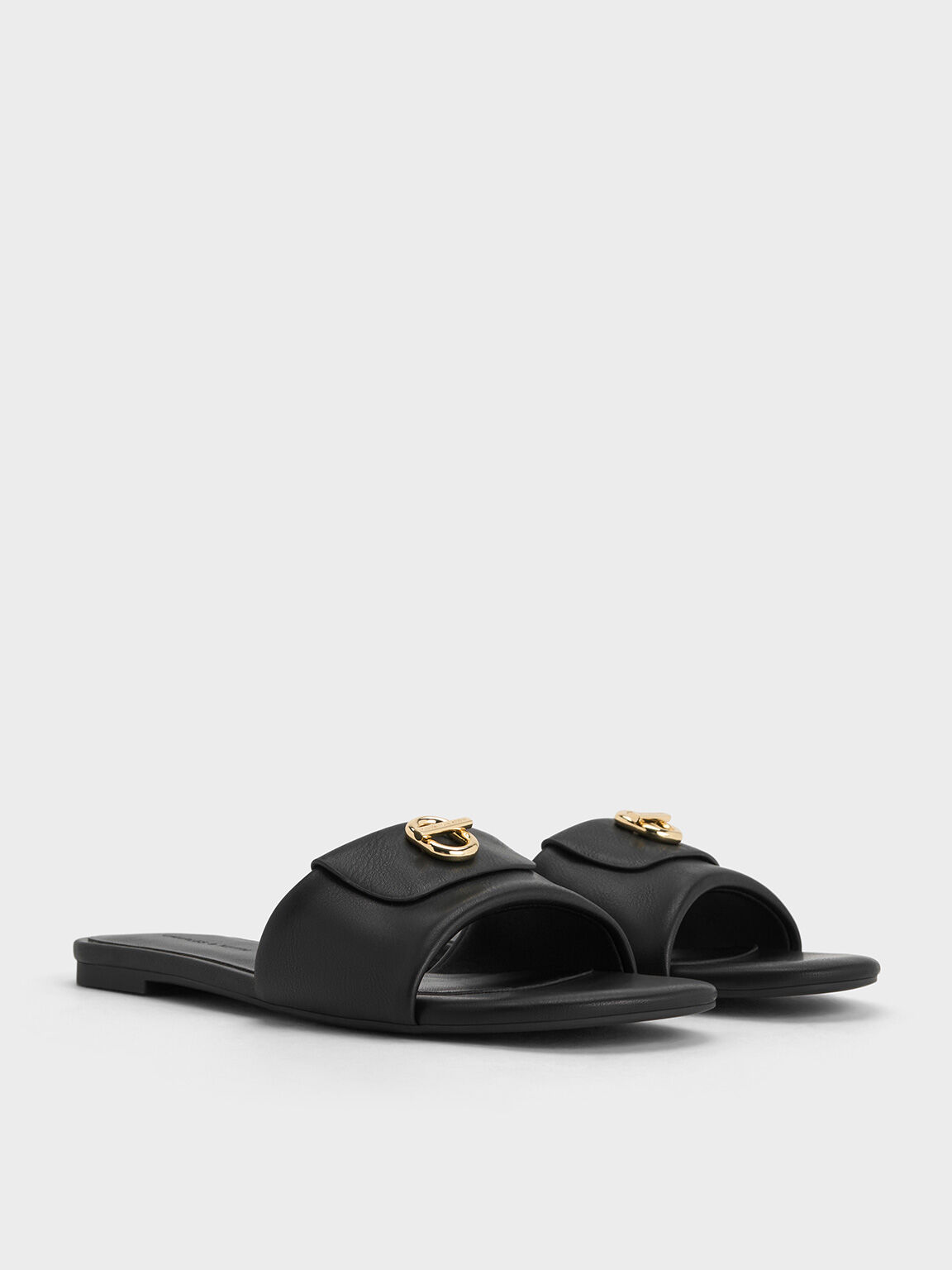 Metallic-Accent Slide Sandals, Black, hi-res