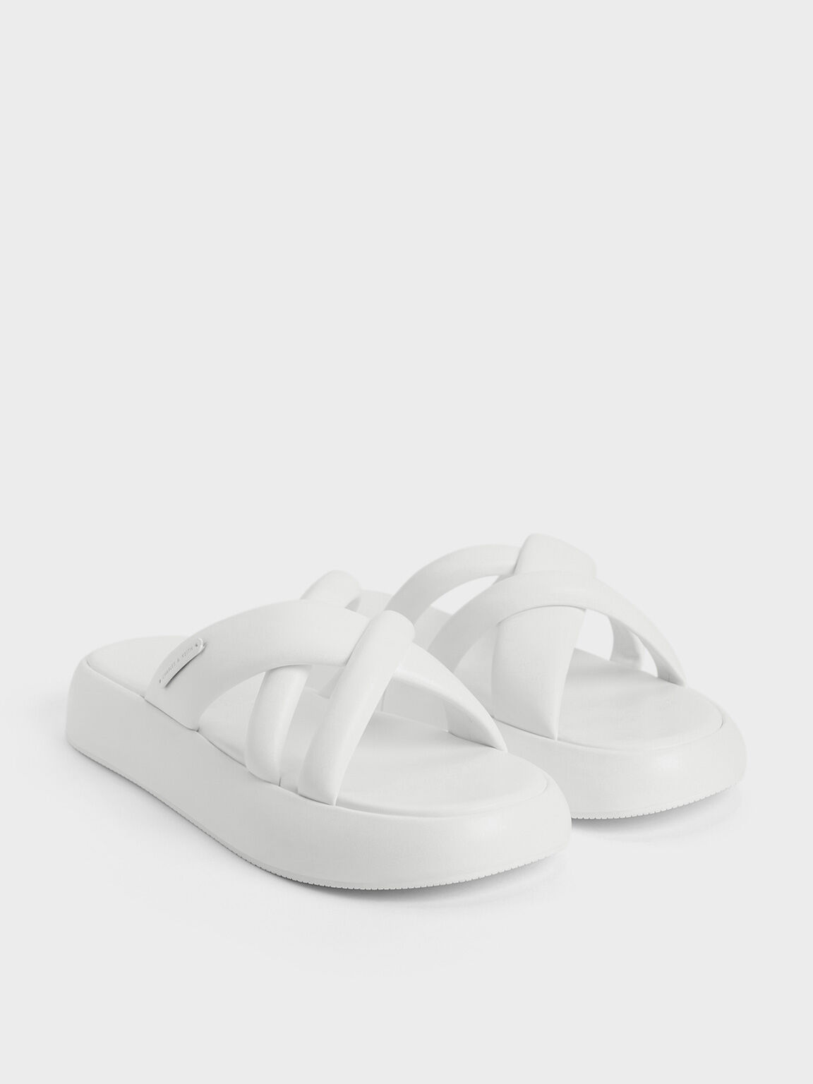 Puffy Crossover-Strap Slide Sandals, White, hi-res