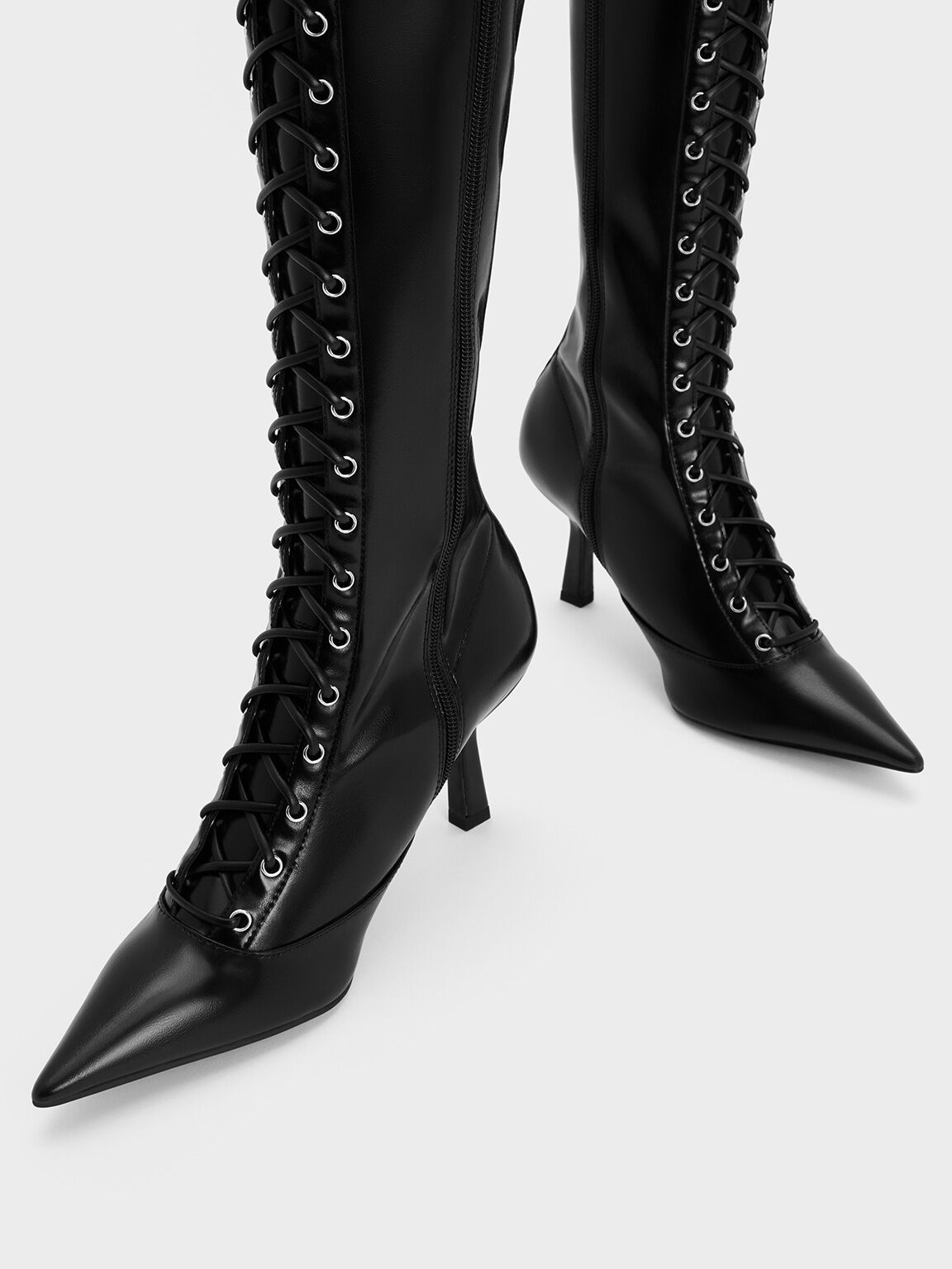 Lace-Up Pointed-Toe Knee-High Boots, Black, hi-res