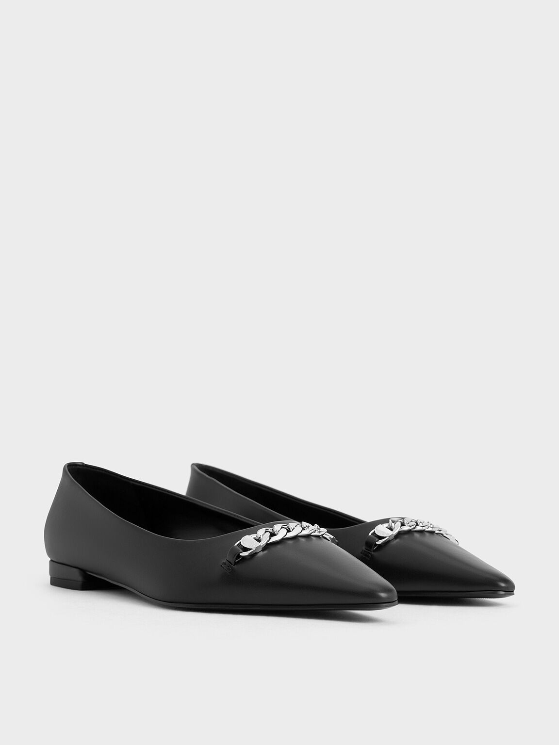 Chain-Link Pointed-Toe Ballet Flats, Black, hi-res