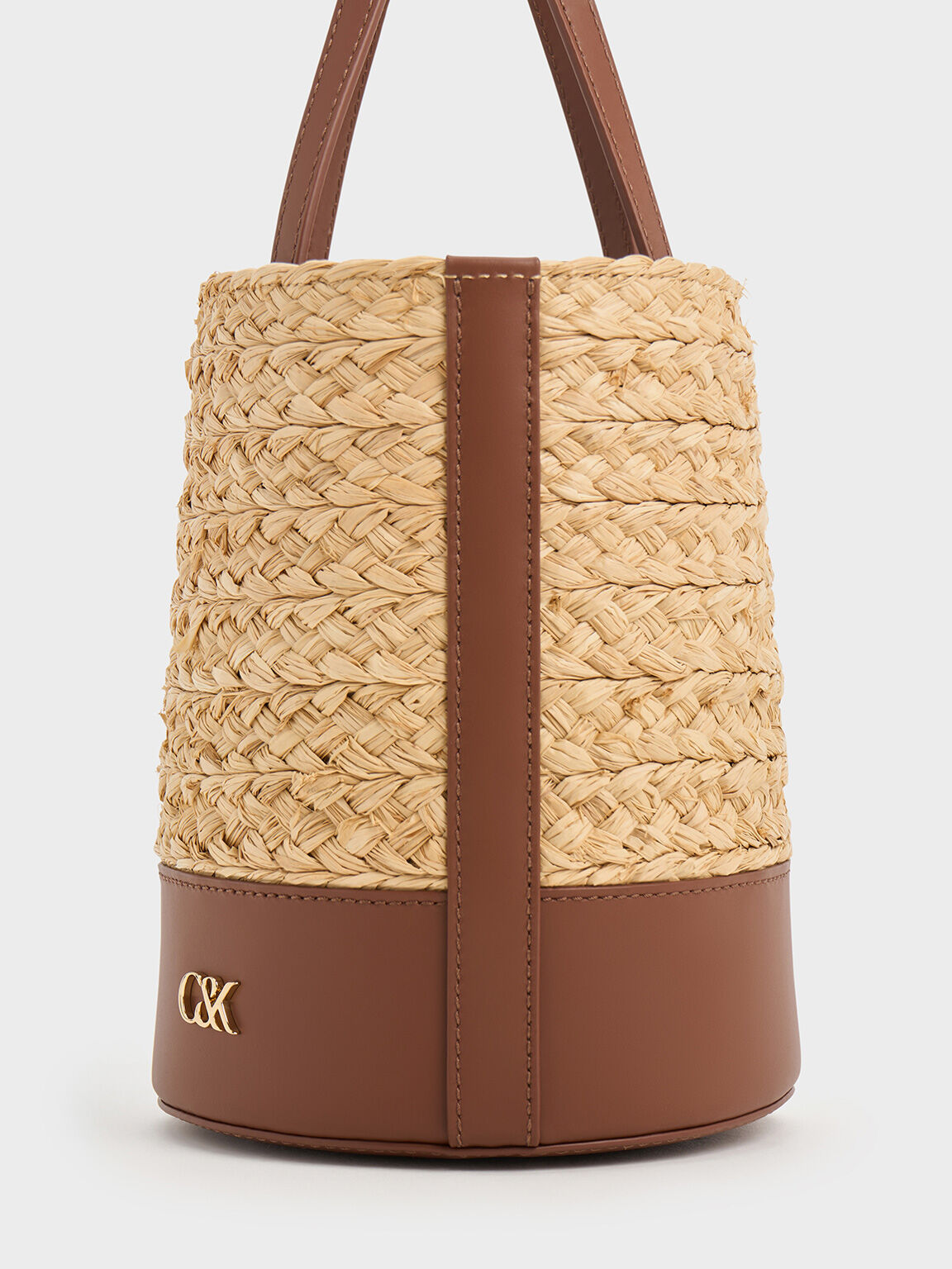 Leather & Raffia Bucket Bag, Brown, hi-res