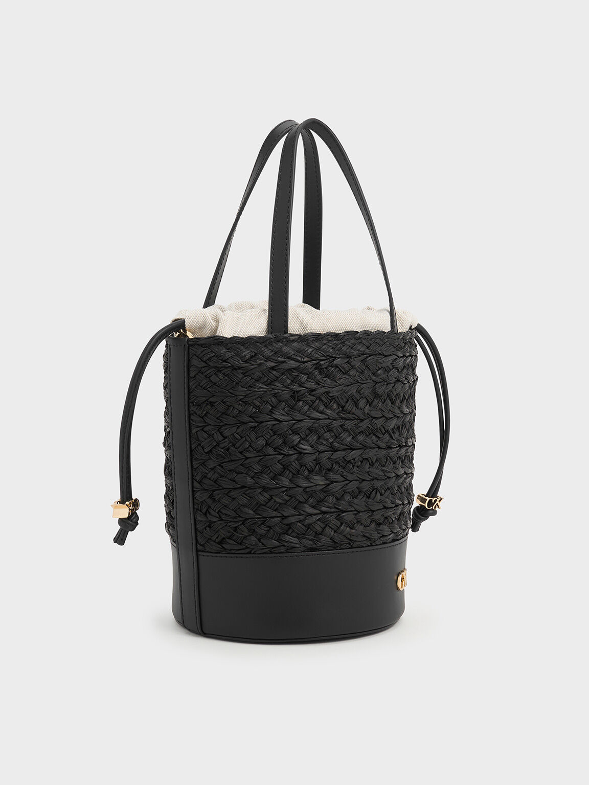 Sac seau en cuir et raphia, Noir, hi-res