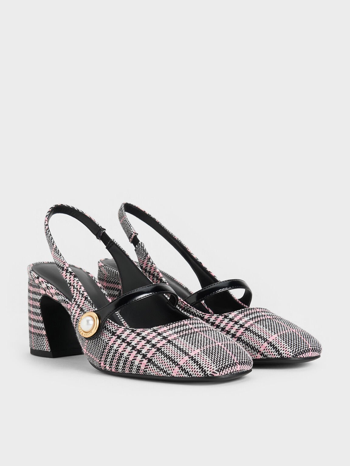 Plaid Pearl-Accent Mary Jane Pumps, Pink, hi-res