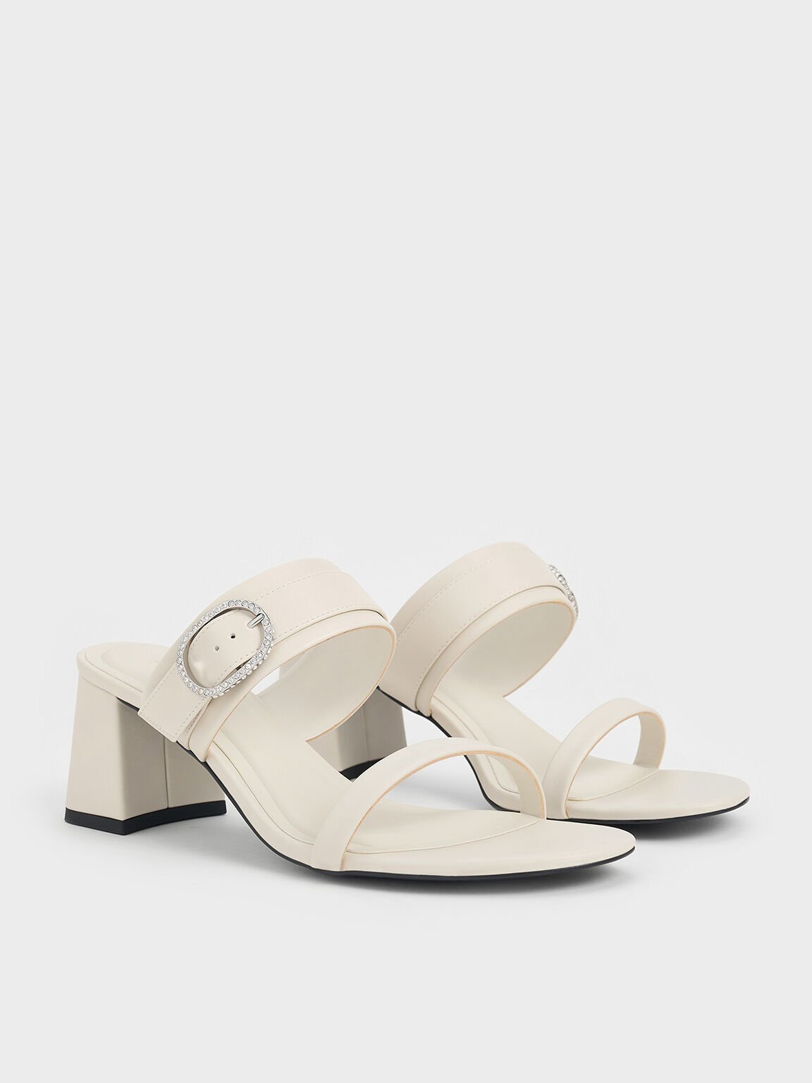 Crystal-Buckle Block-Heel Mules, Chalk, hi-res