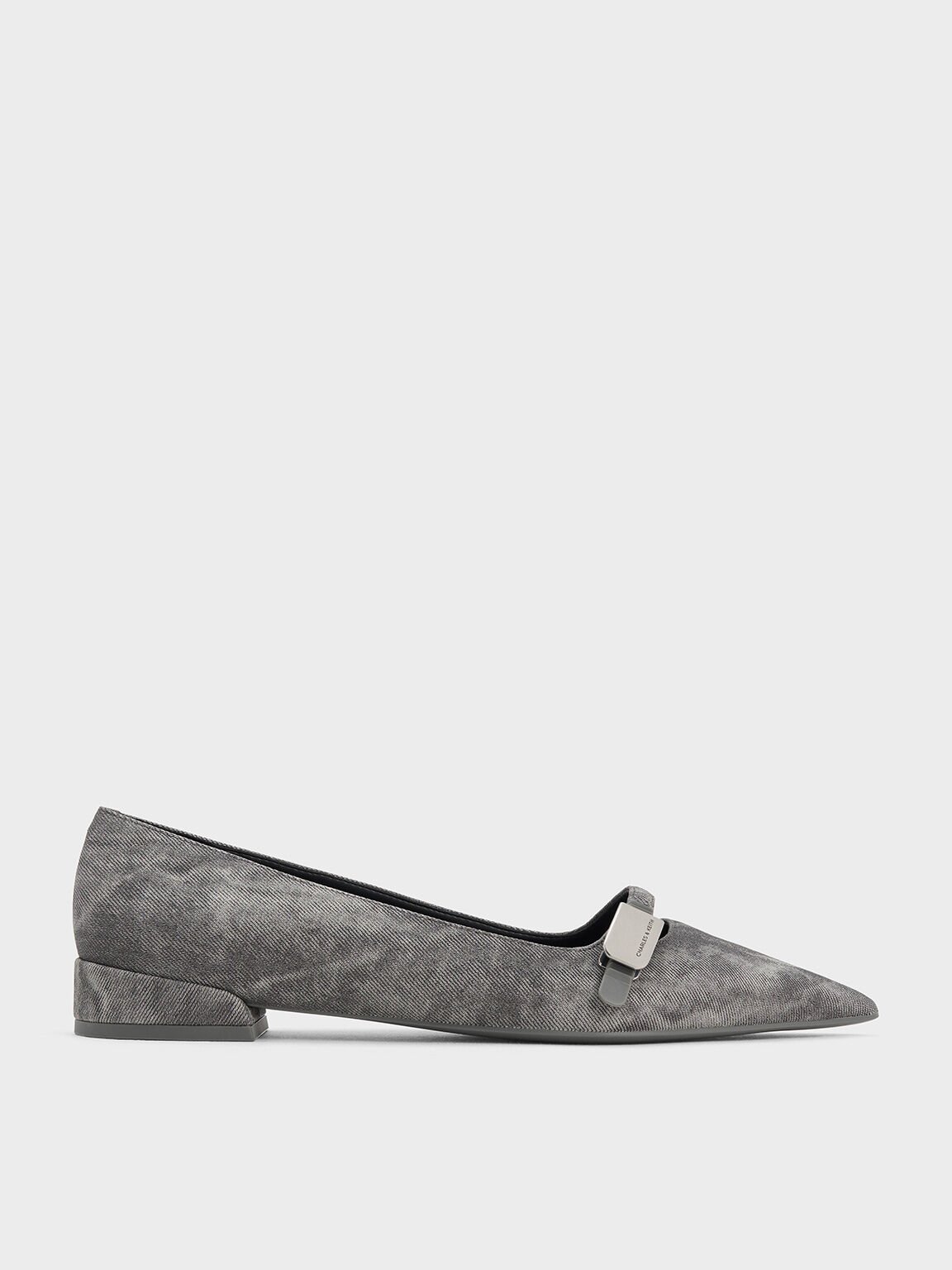 Robbie Denim-Effect Pointed-Toe Ballet Flats, Dark Grey, hi-res