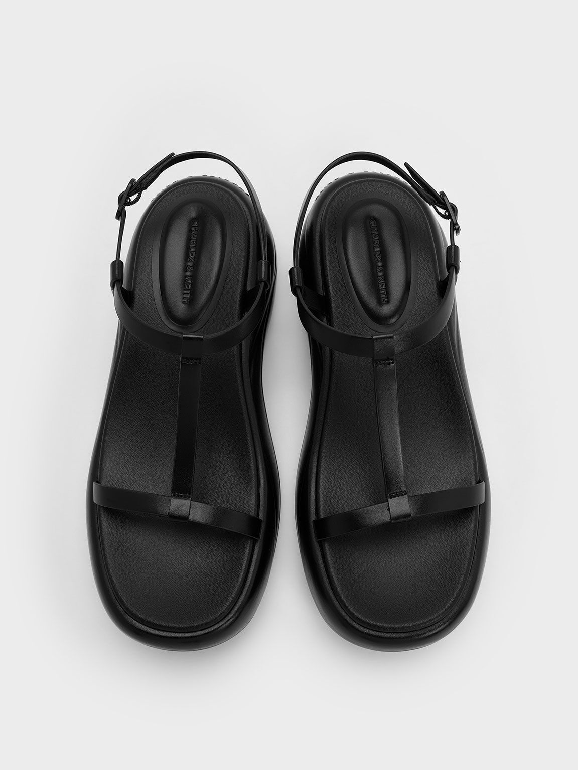 Sandalias deportivas de plataforma curvada con tira en T, Negro, hi-res