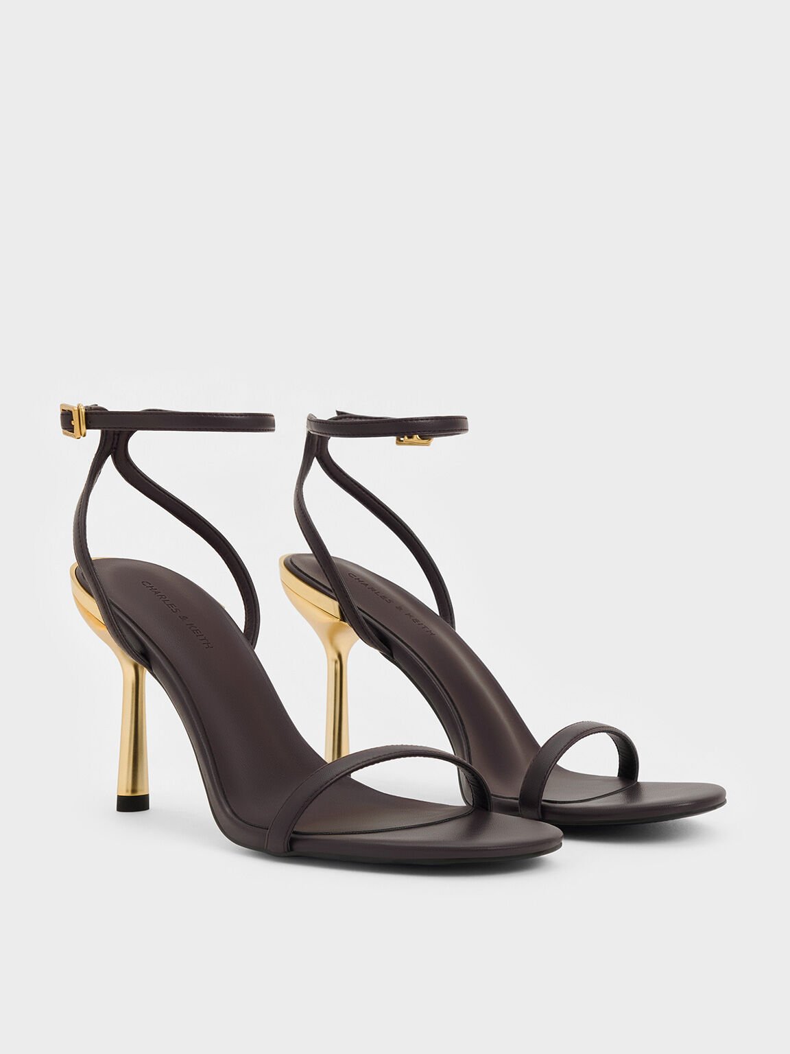 Metallic Stiletto-Heel Ankle-Strap Sandals, Dark Brown, hi-res