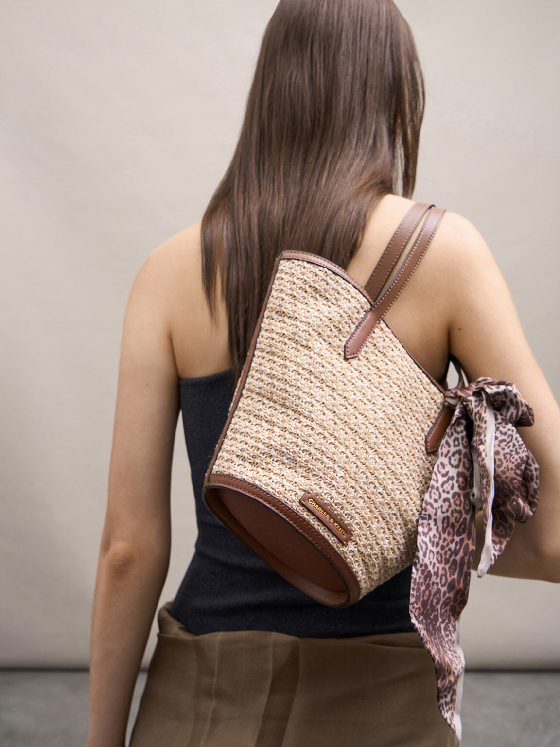 Sianna Raffia Scarf-Print Tote Bag, Camel, hi-res