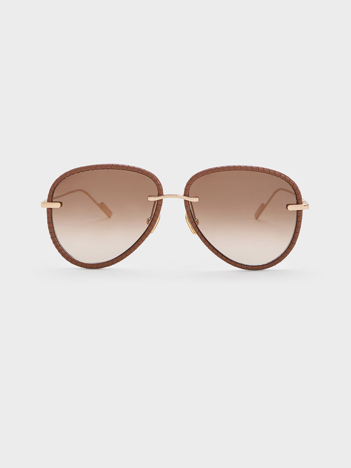 Lunettes de soleil aviateur à monture tressée en cuir, Chocolat, hi-res