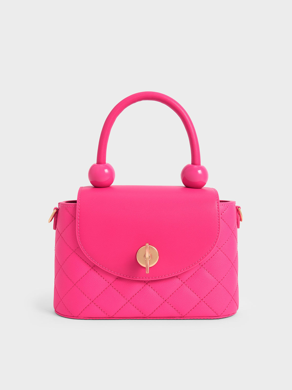 Round Quilted Top Handle Bag, Fuchsia, hi-res