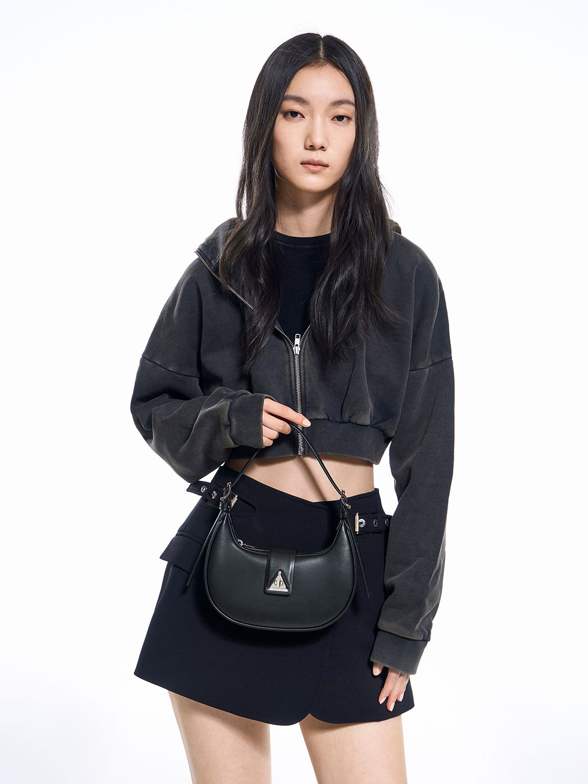 Noir Trice Metallic Accent Belted Shoulder Bag - CHARLES & KEITH PT