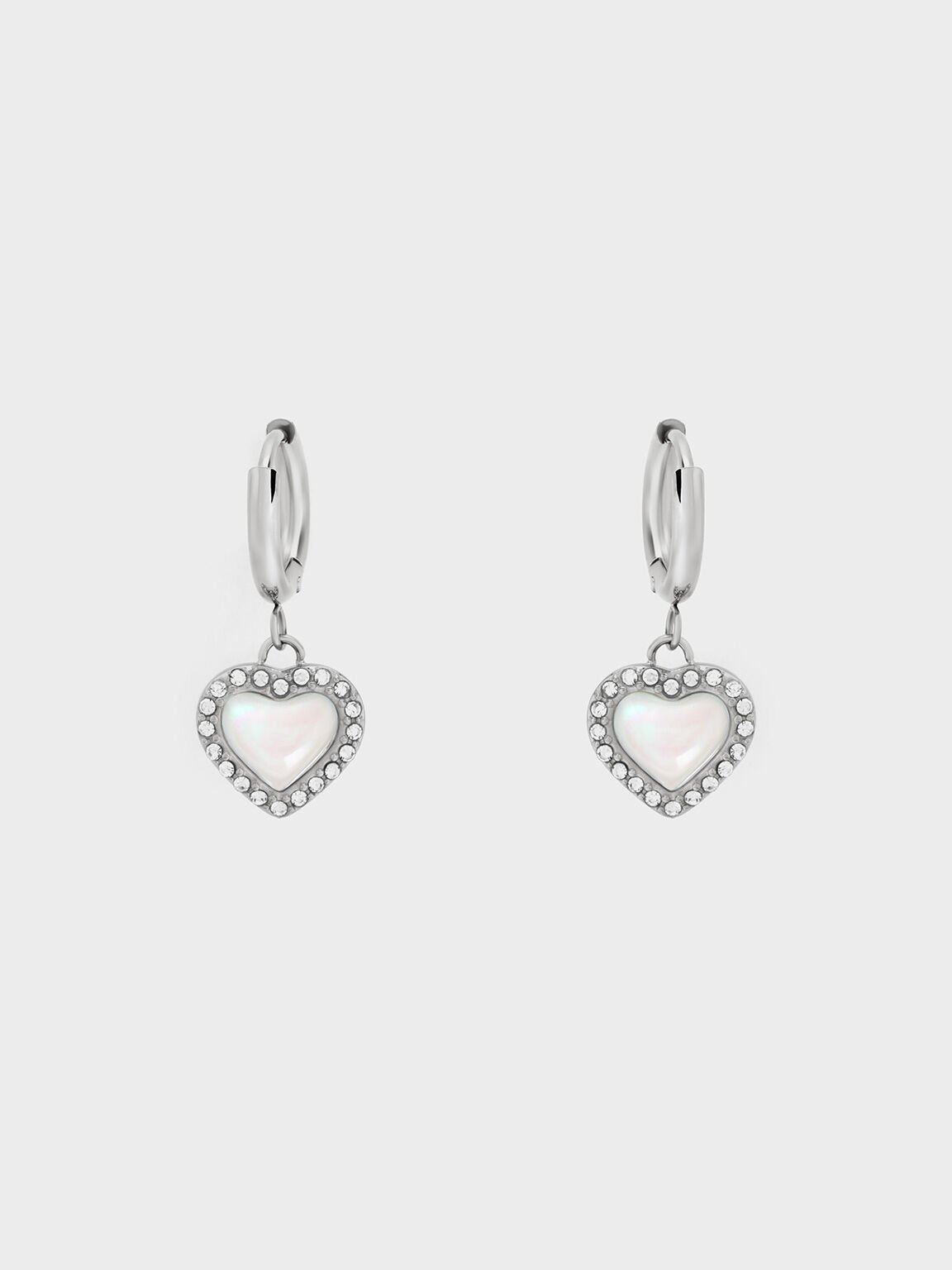 Boucles d'oreilles créoles à cristaux en forme de cœur Annalise, Argent, hi-res