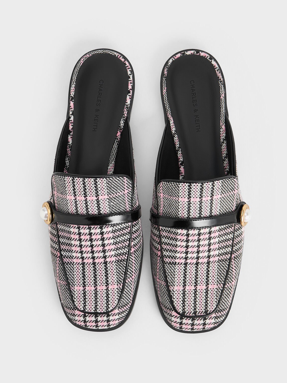 Mules mocassins motif tartan à ornement perle, Rose, hi-res